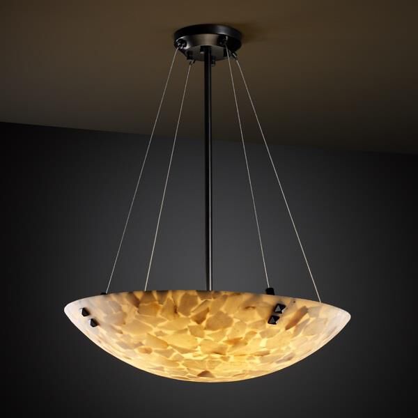 Shown in Matte Black finish and Shaved Alabaster Rocks Cast Into Resin glass and Round Bowl shade and Pair Square with Points Finials accent