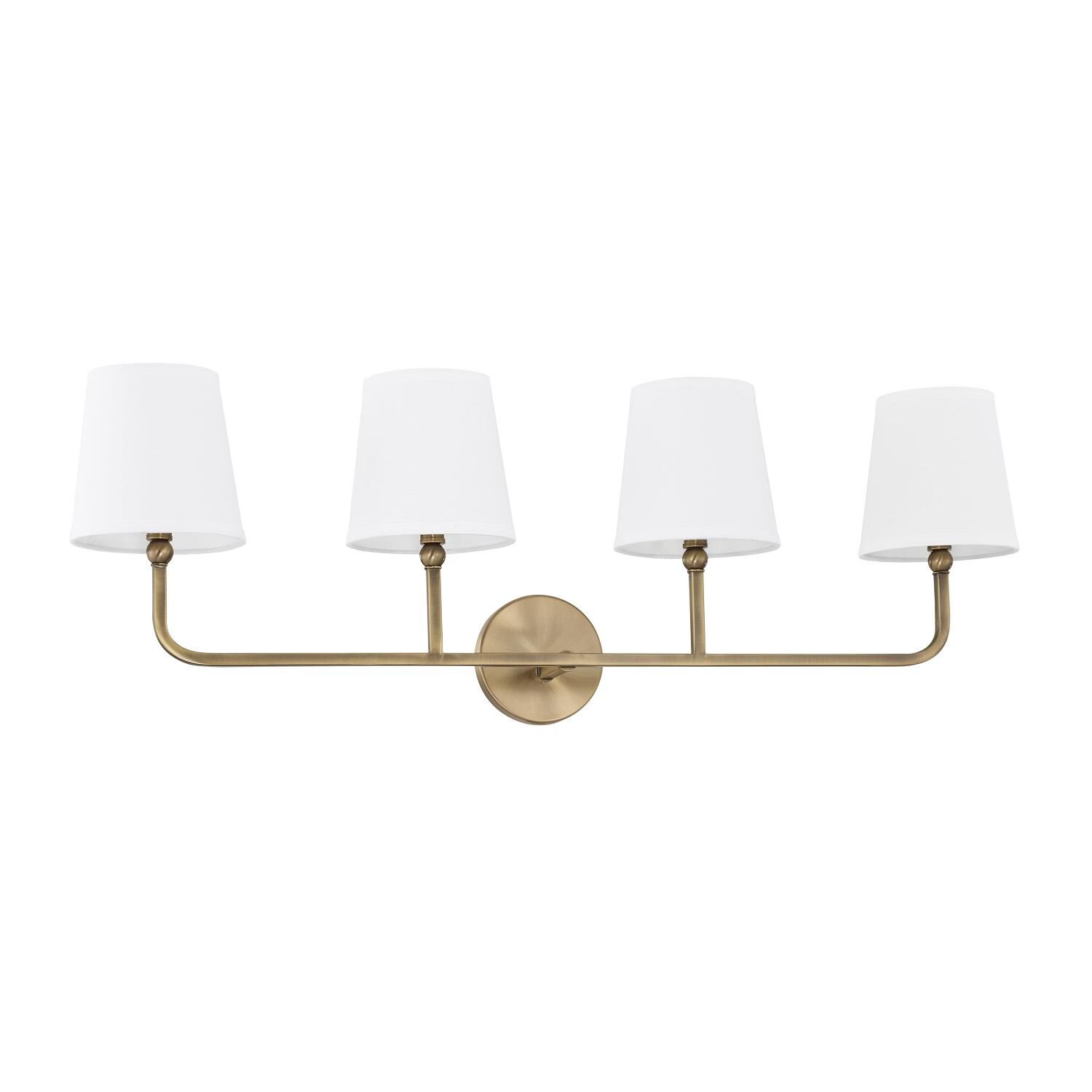 Shown in Aged Brass finish and Decorative White Fabric Stay-Straight shade
