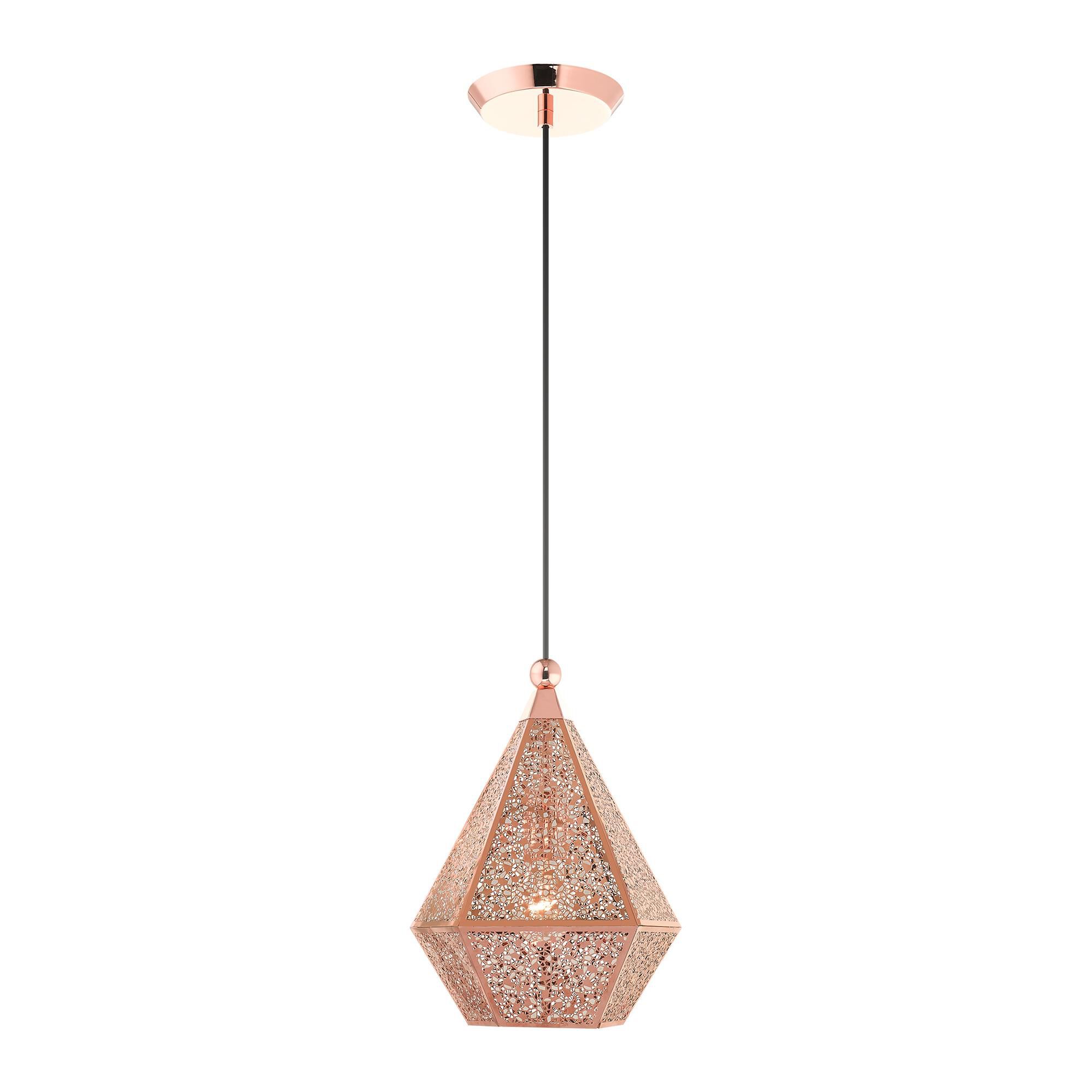 Shown in Rose Gold finish and Rose Gold Filigreed Metal Shade glass and Rose Gold Filigreed Metal shade
