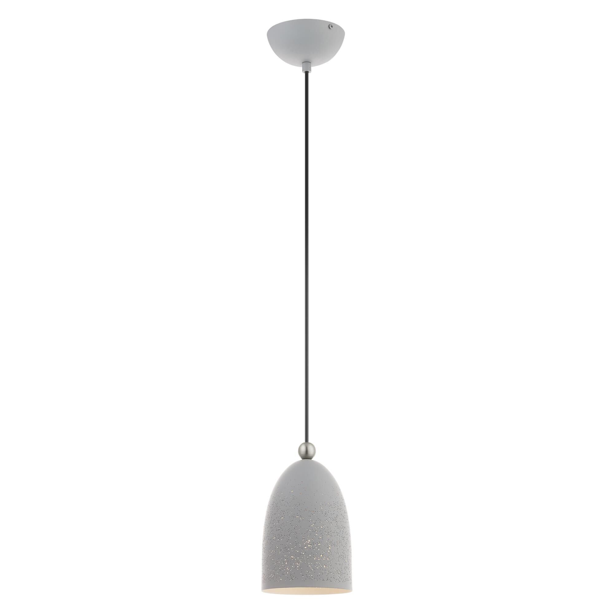 Shown in Nordic Gray With Brushed Nickel Accents finish and Nordic Gray Ornamental Metal Shade With White Finish Inside glass and Nordic Gray Ornamental Metal  With White Finish Inside shade