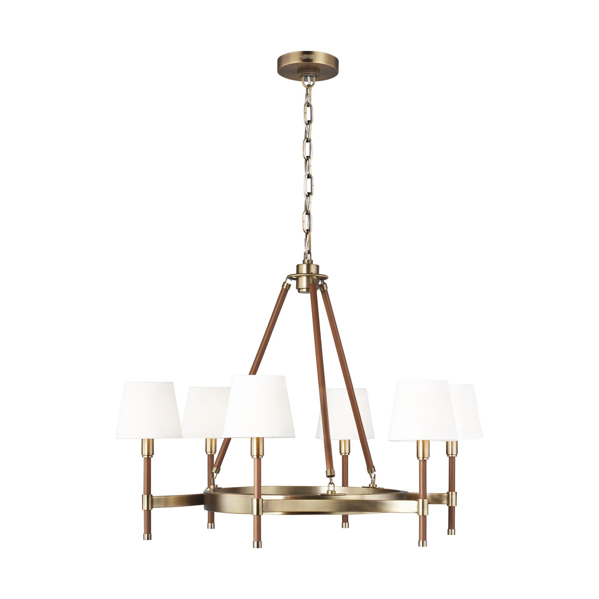 Shown in Time Worn Brass finish and White Linen Fabric shade