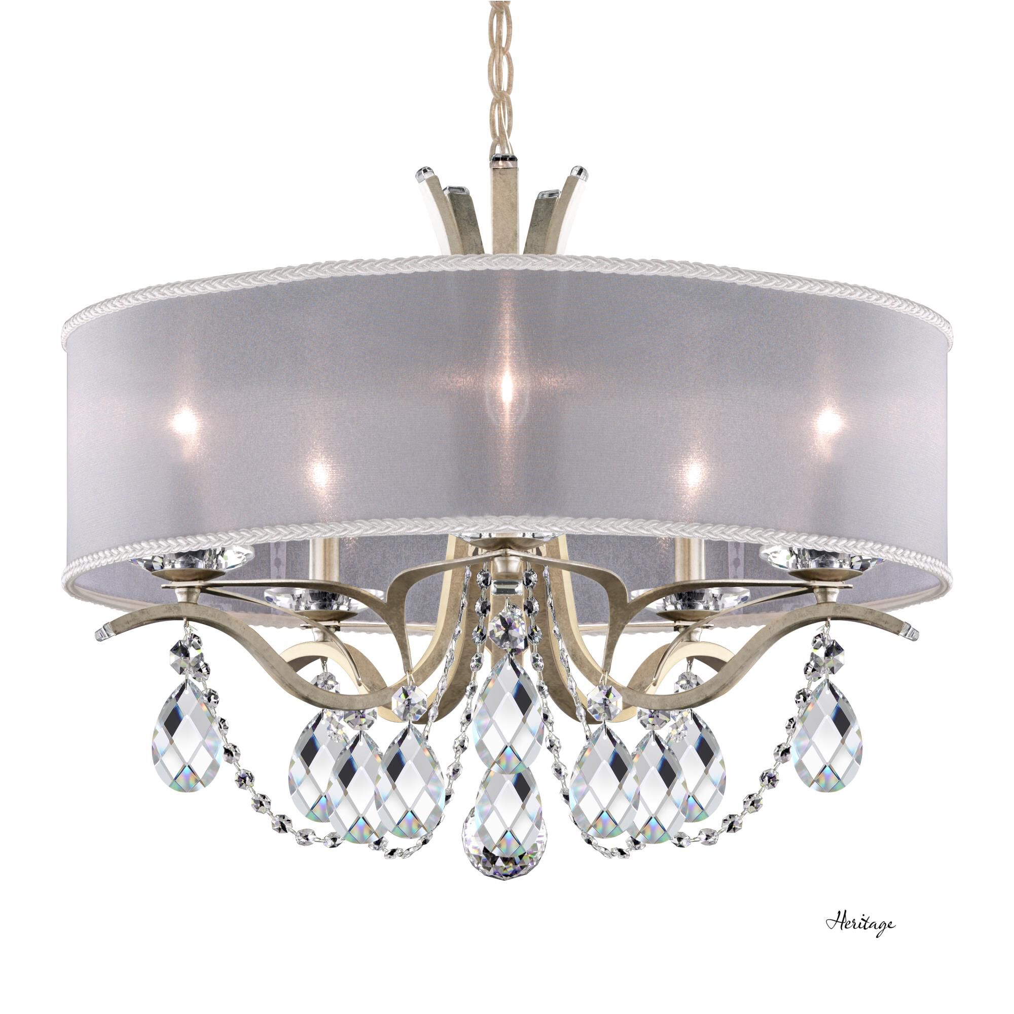 Shown in Antique Silver finish and Clear Heritage crystal and White Hardback shade