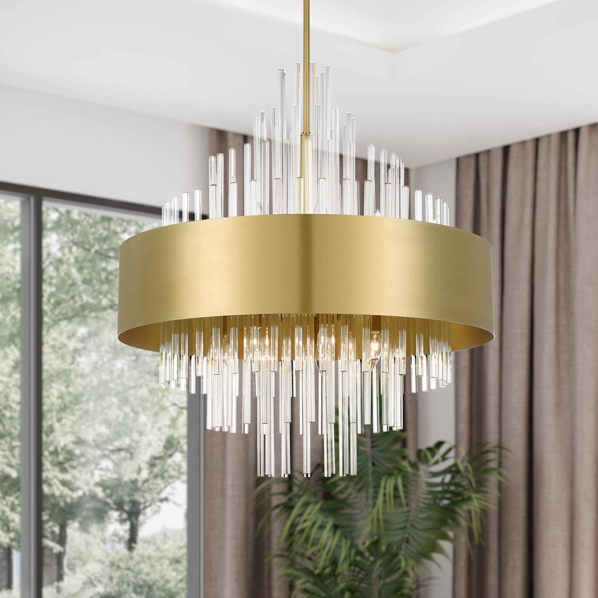 Shown in Natural Brass finish and Clear Crystal Rods glass