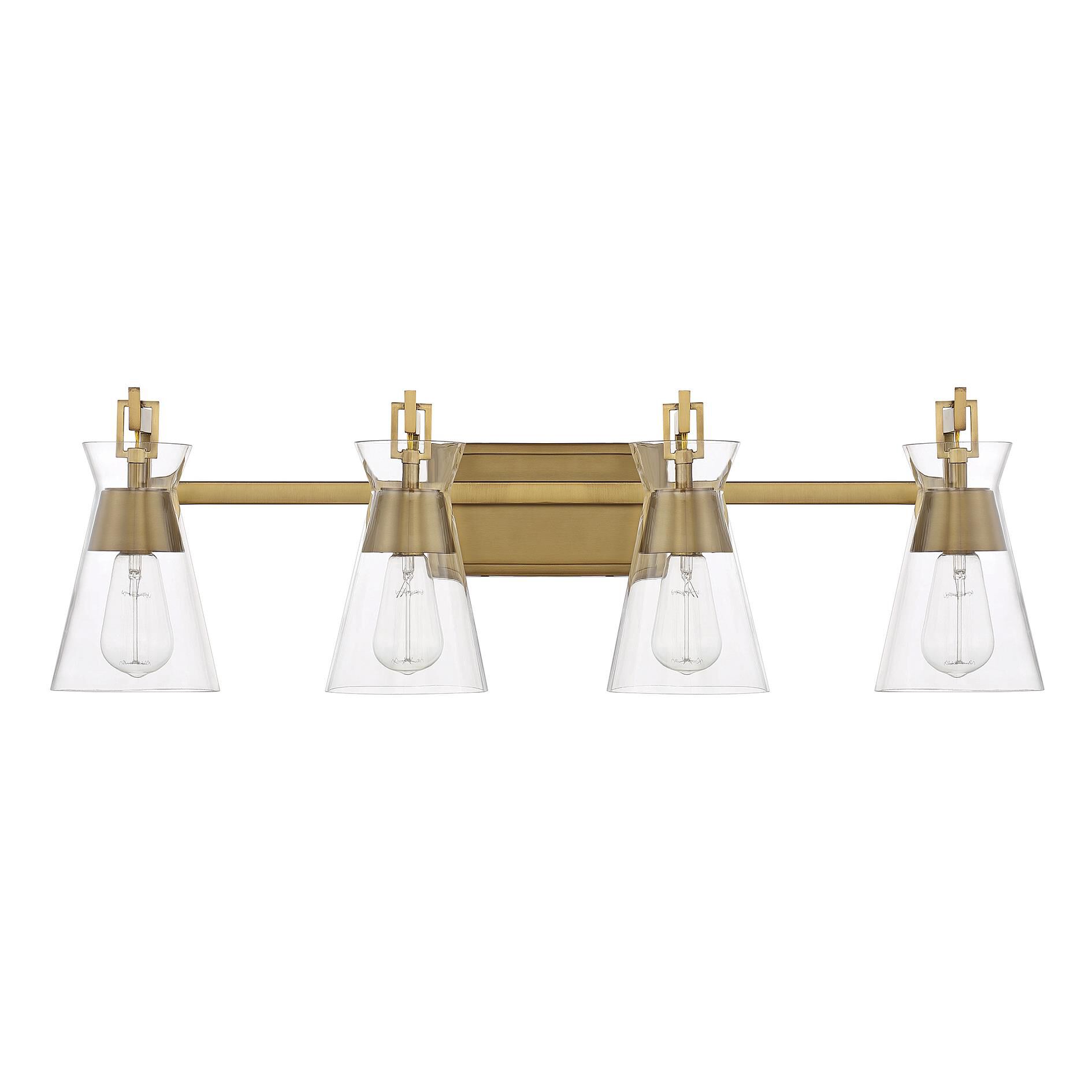 Shown in Warm Brass finish and Clear glass and Glass shade