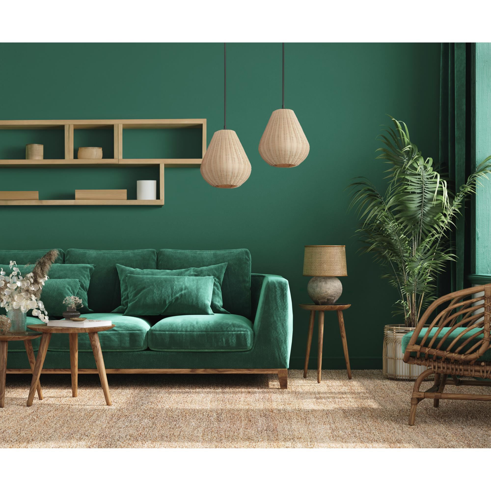 Shown in Black finish and Rattan shade