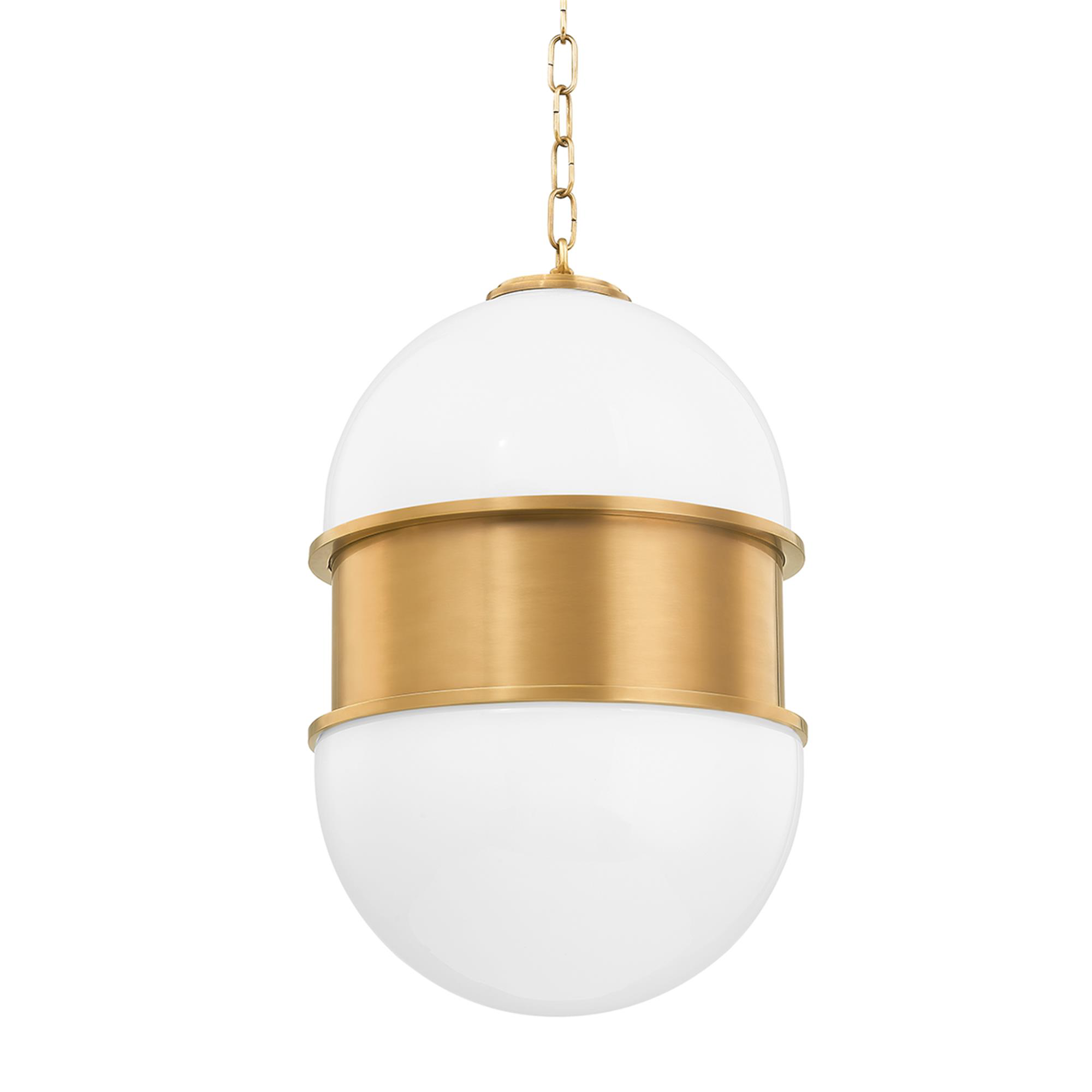 Shown in Vintage Brass finish and Opal White glass