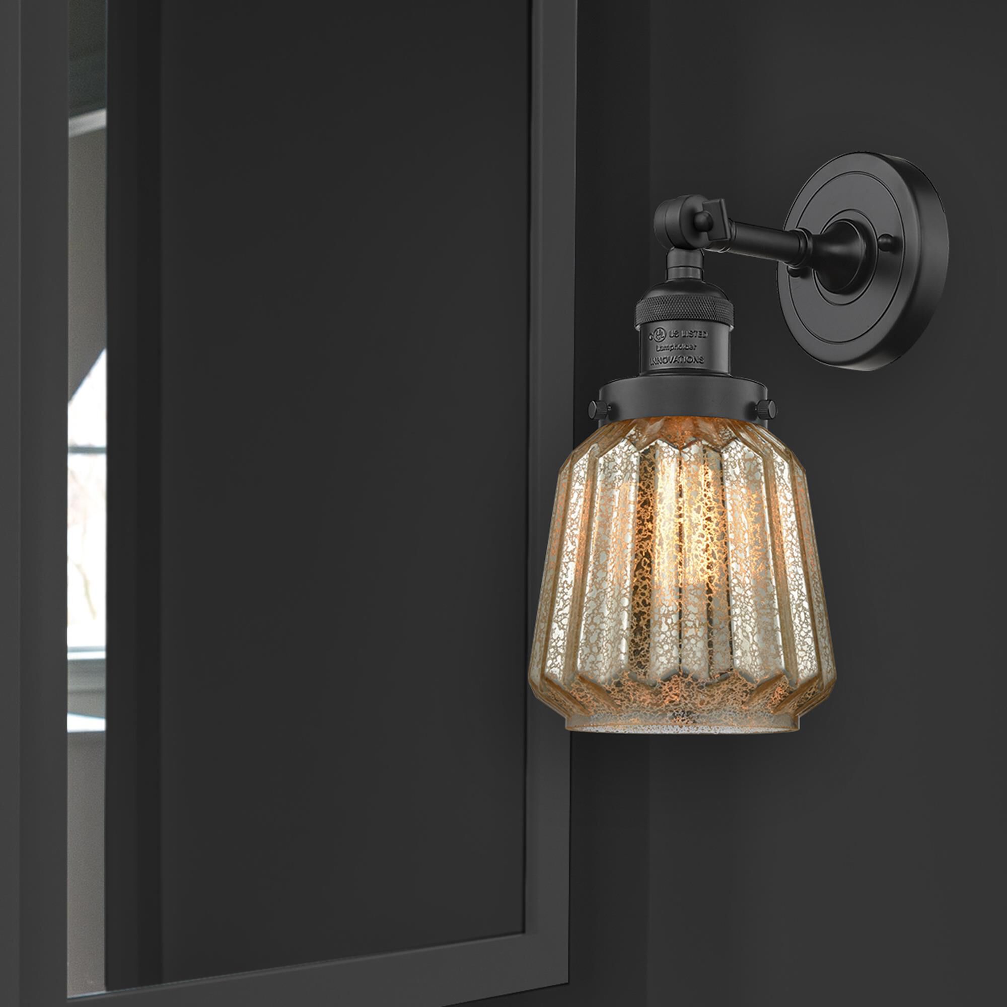 Shown in Matte Black finish and Mercury Plated glass and No Accent accent