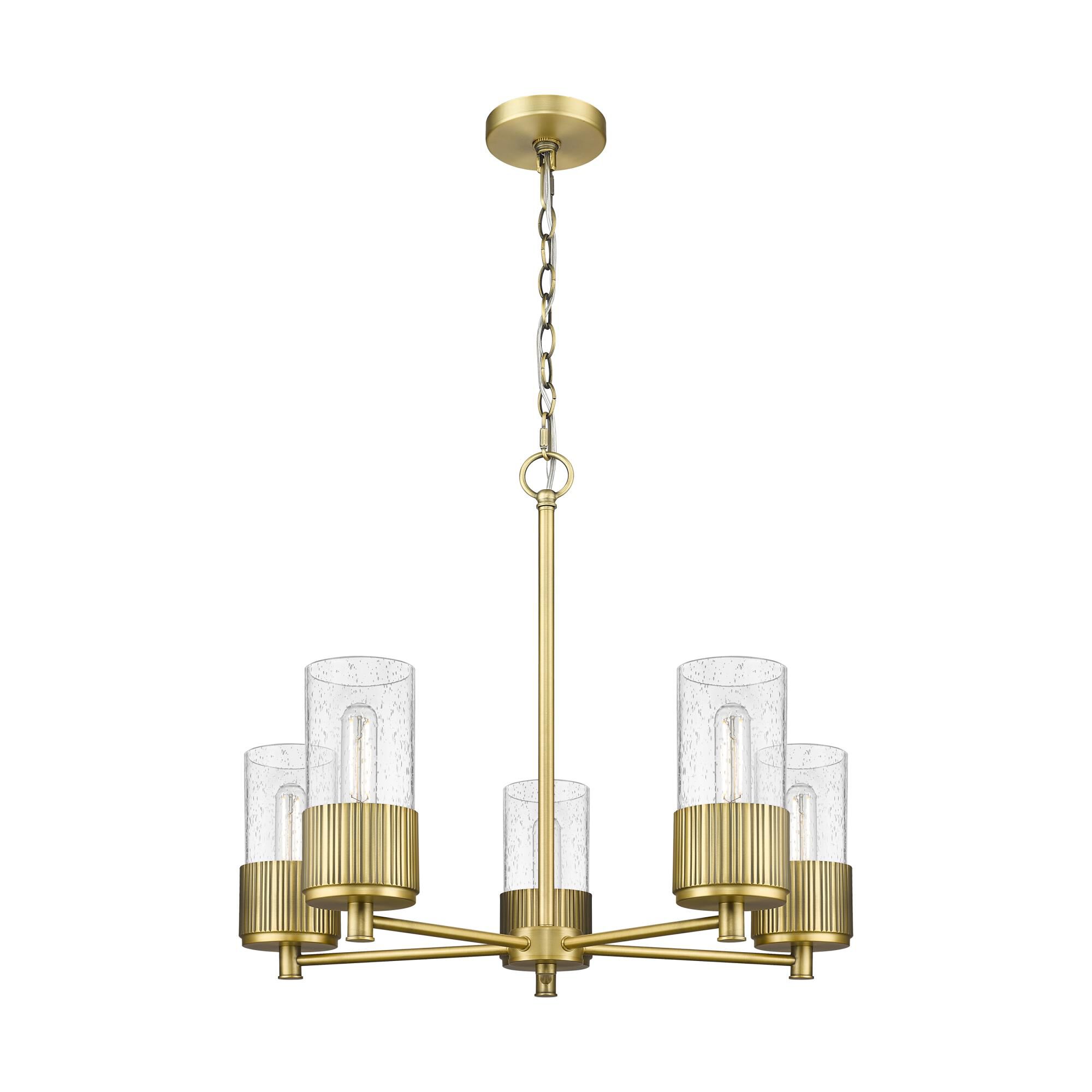 Shown in Brushed Brass finish and Seedy glass