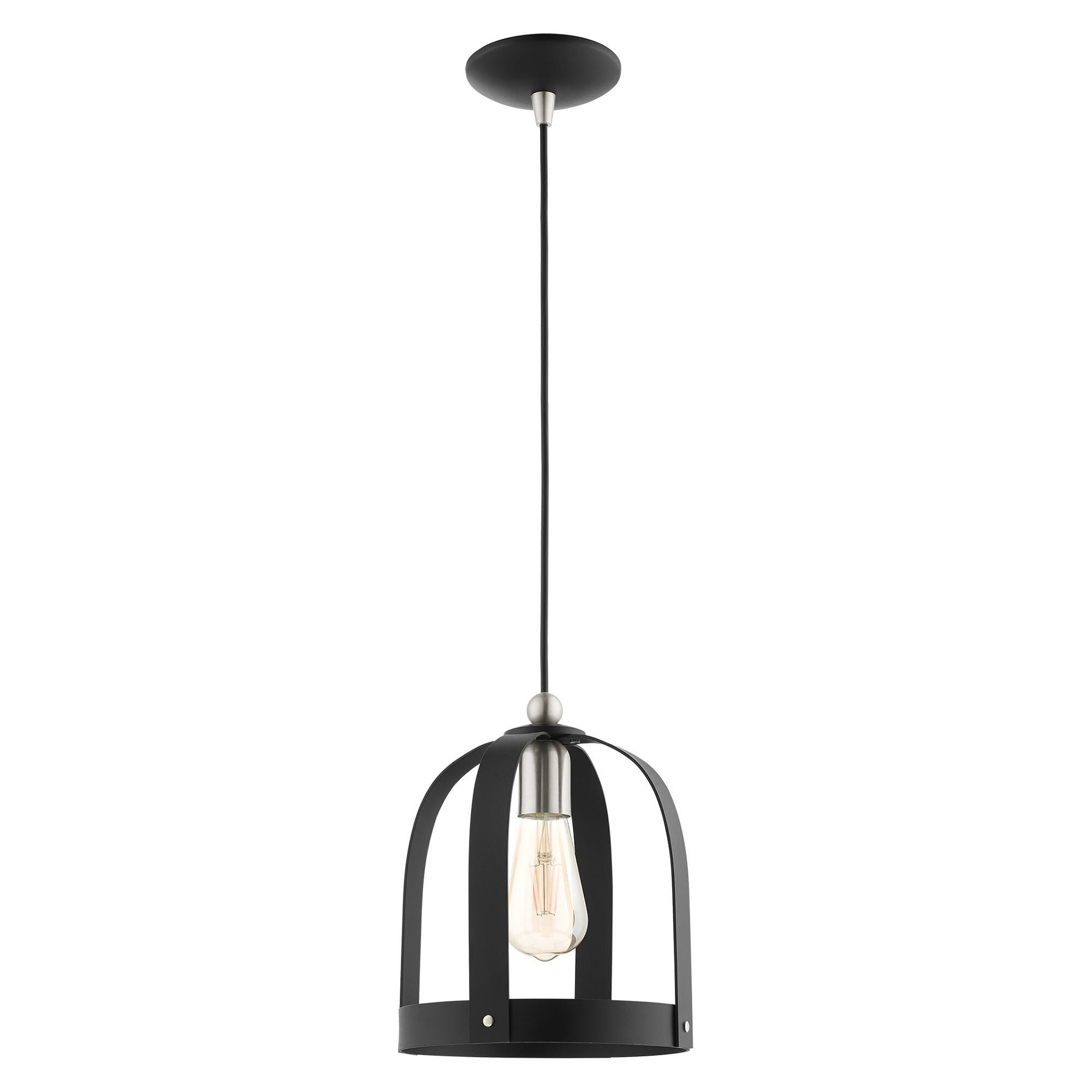 Shown in Textured Black finish and Textured Black Steel  With Brushed Nickel Accents shade