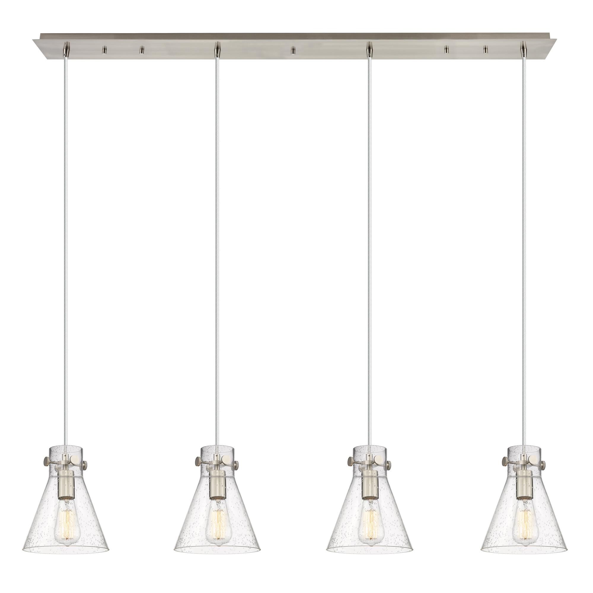 Shown in Brushed Satin Nickel finish and Seedy glass and Seedy Glass shade