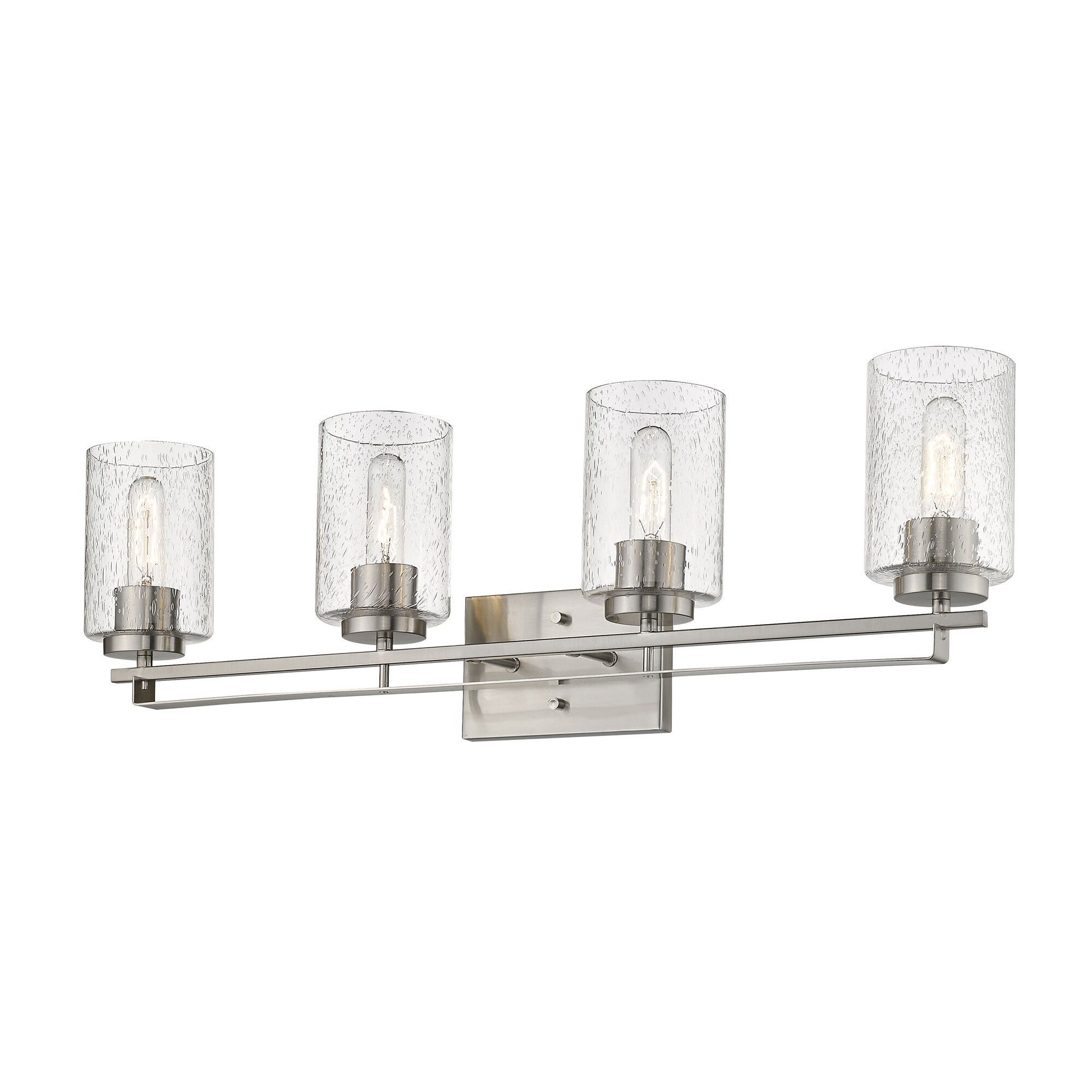 Shown in Satin Nickel finish and Clear glass and Clear, Seeded Cylindrical Glass s shade