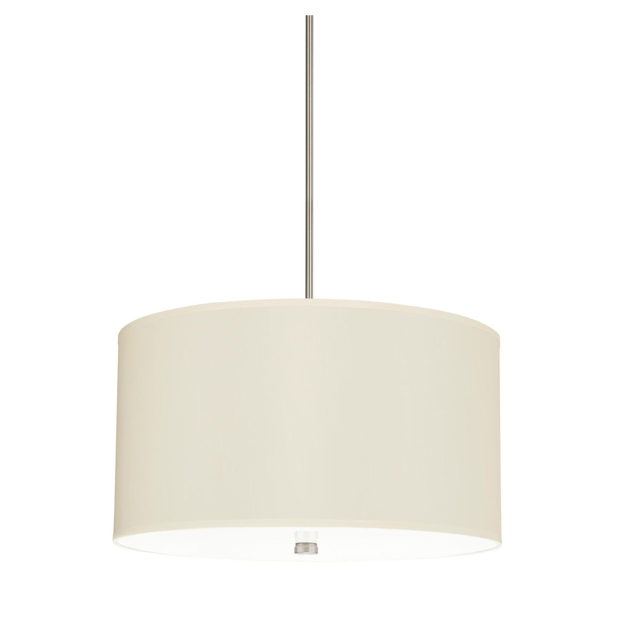 Shown in Brushed Nickel finish and White Acrylic Diffuser And Faux Silk Fabric Shade glass and White Acrylic Diffuser And Faux Silk Fabric shade
