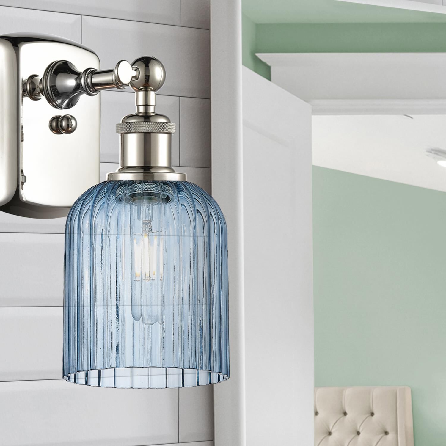 Shown in Polished Nickel finish and Princess Blue glass