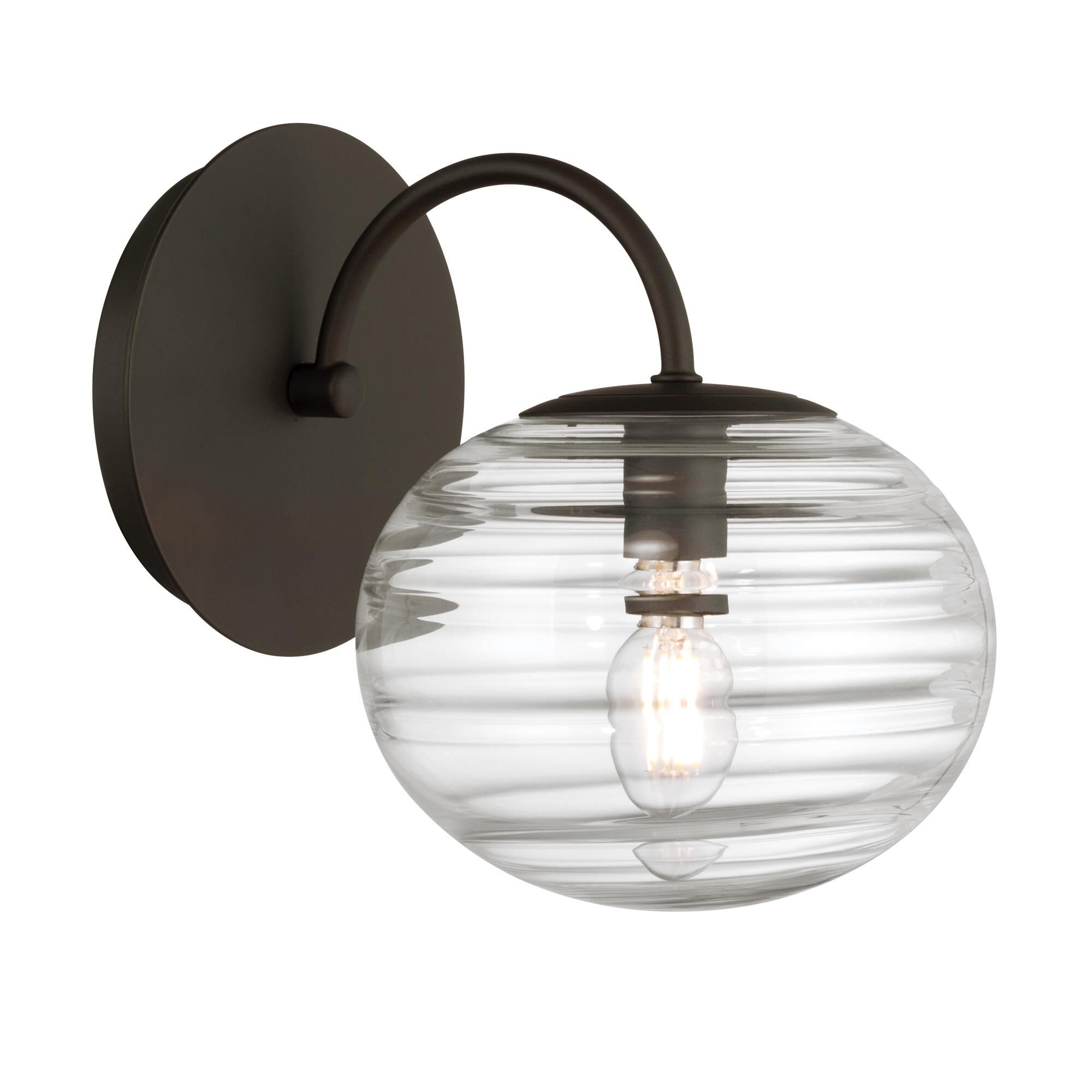 Shown in Dark Bronze finish and Clear Ribbed glass