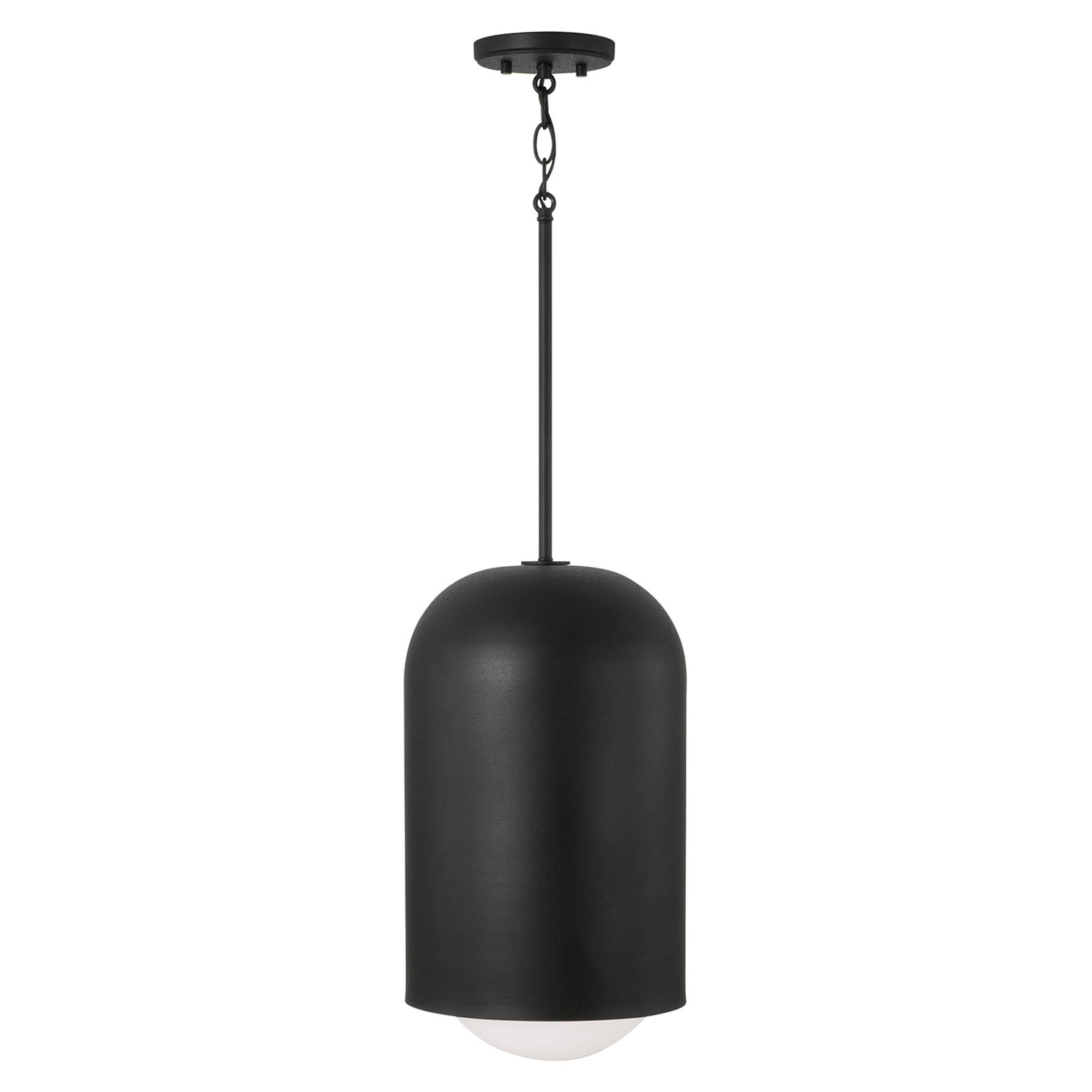 Shown in Black Iron finish and Soft White glass