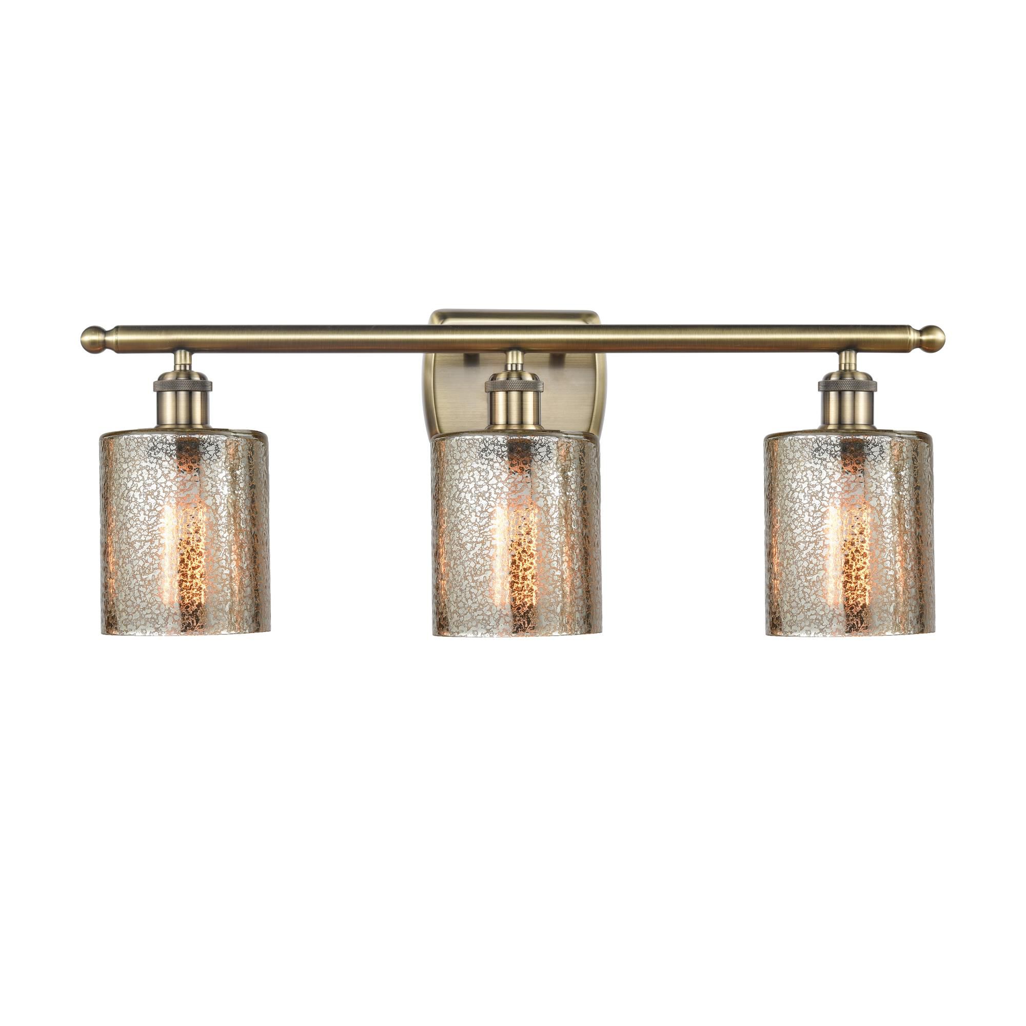 Shown in Antique Brass finish and Mercury Cobbleskill glass and None shade