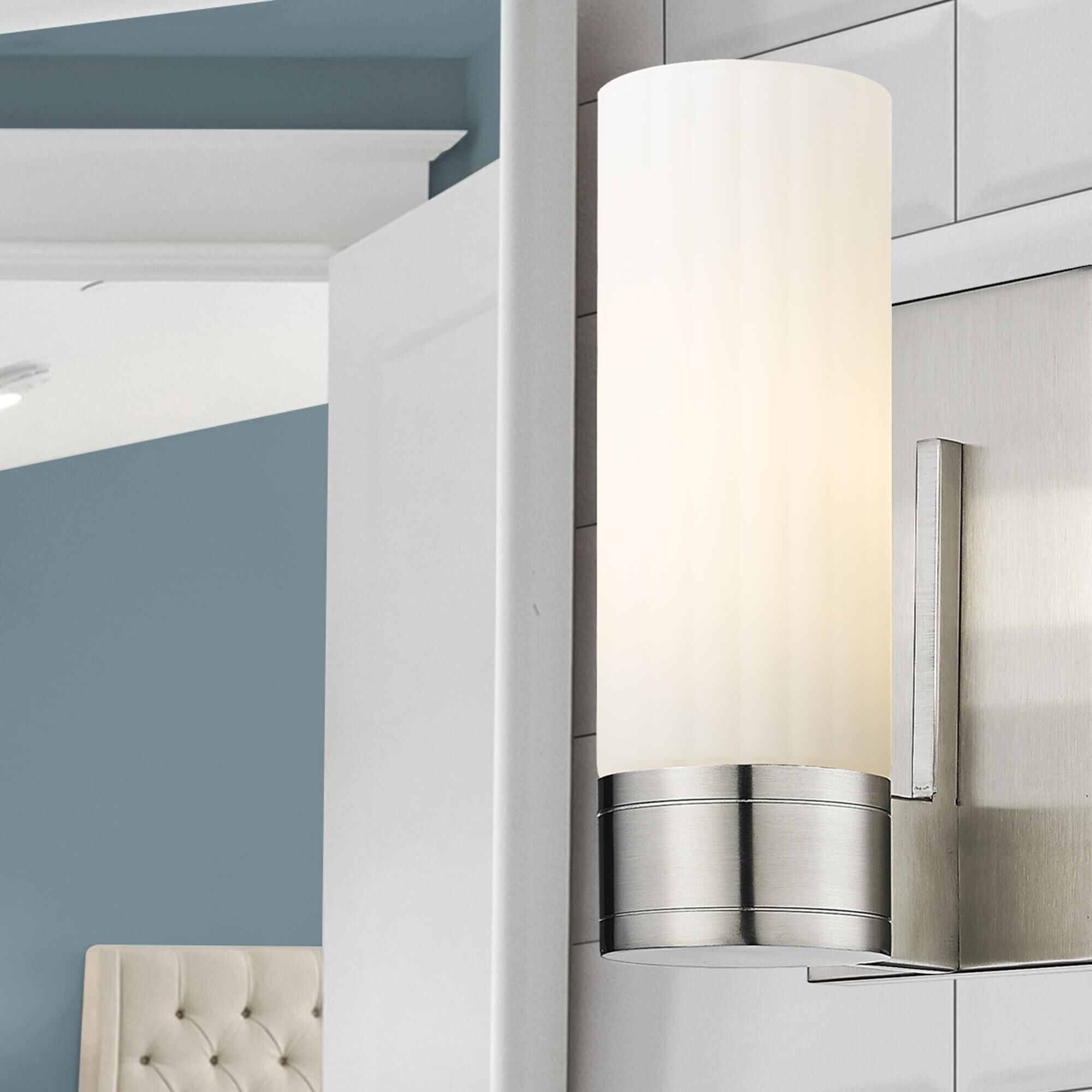 Shown in Satin Nickel finish and Matte White glass