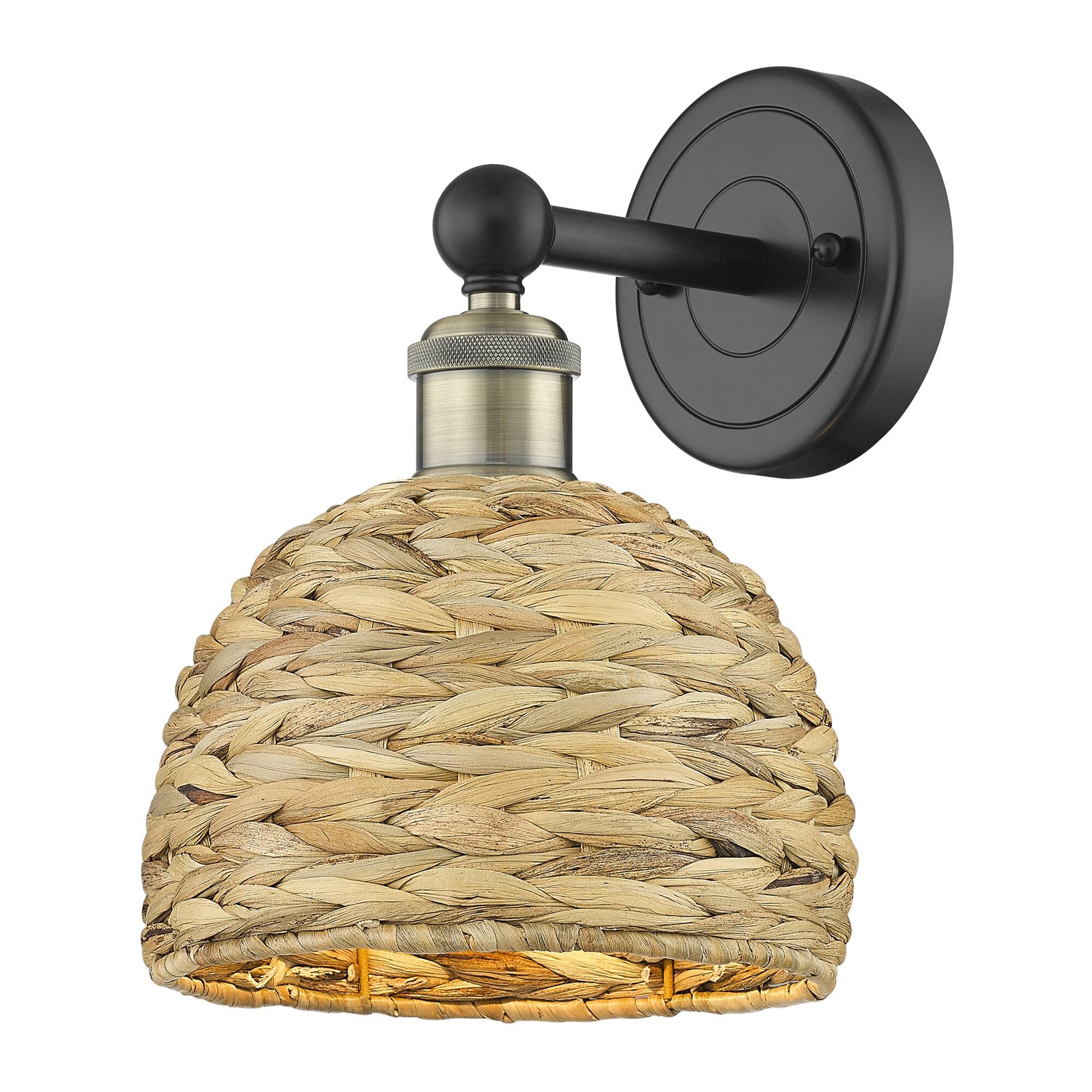 Shown in Black Antique Brass finish and Natural shade