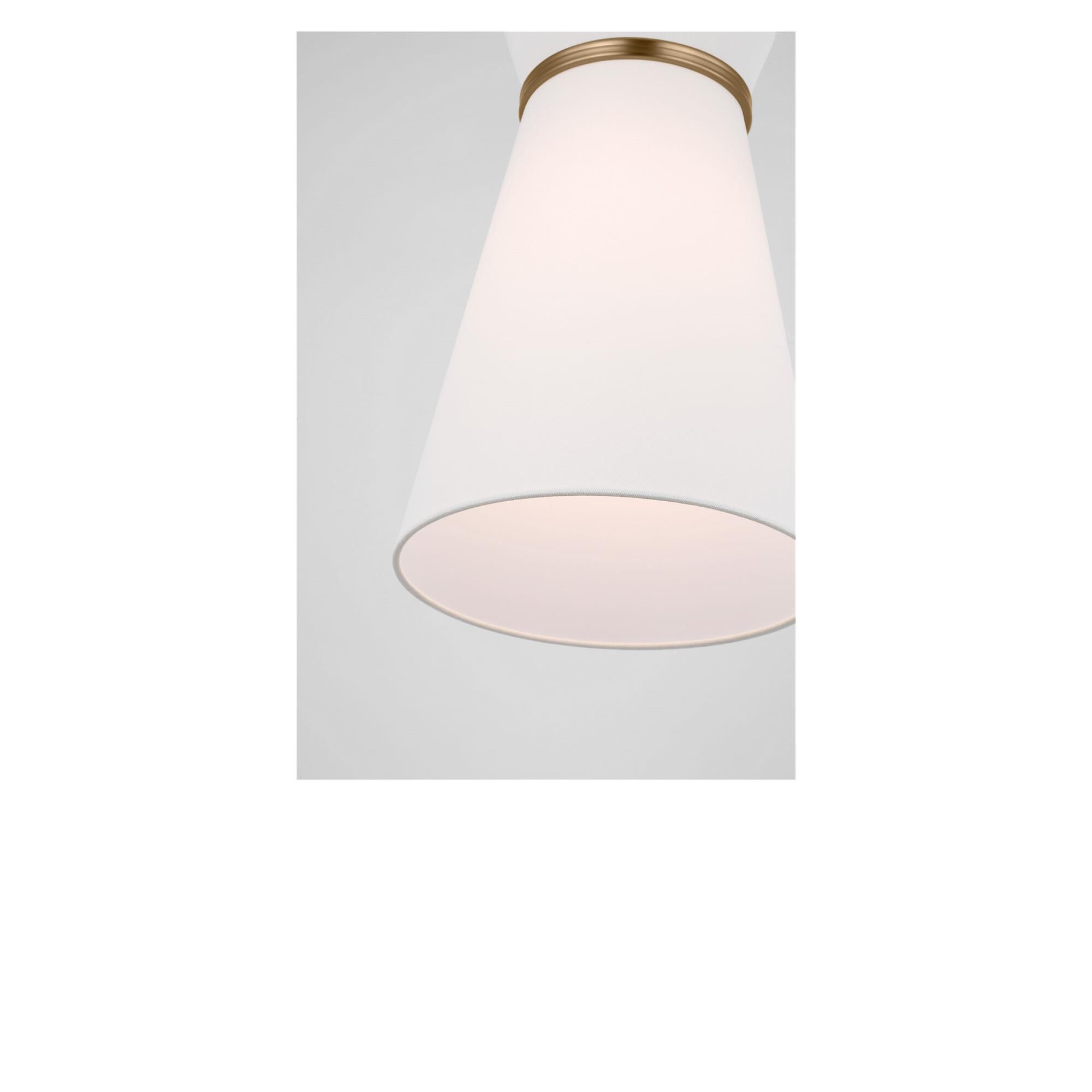 Shown in Satin Brass finish and White Linen shade