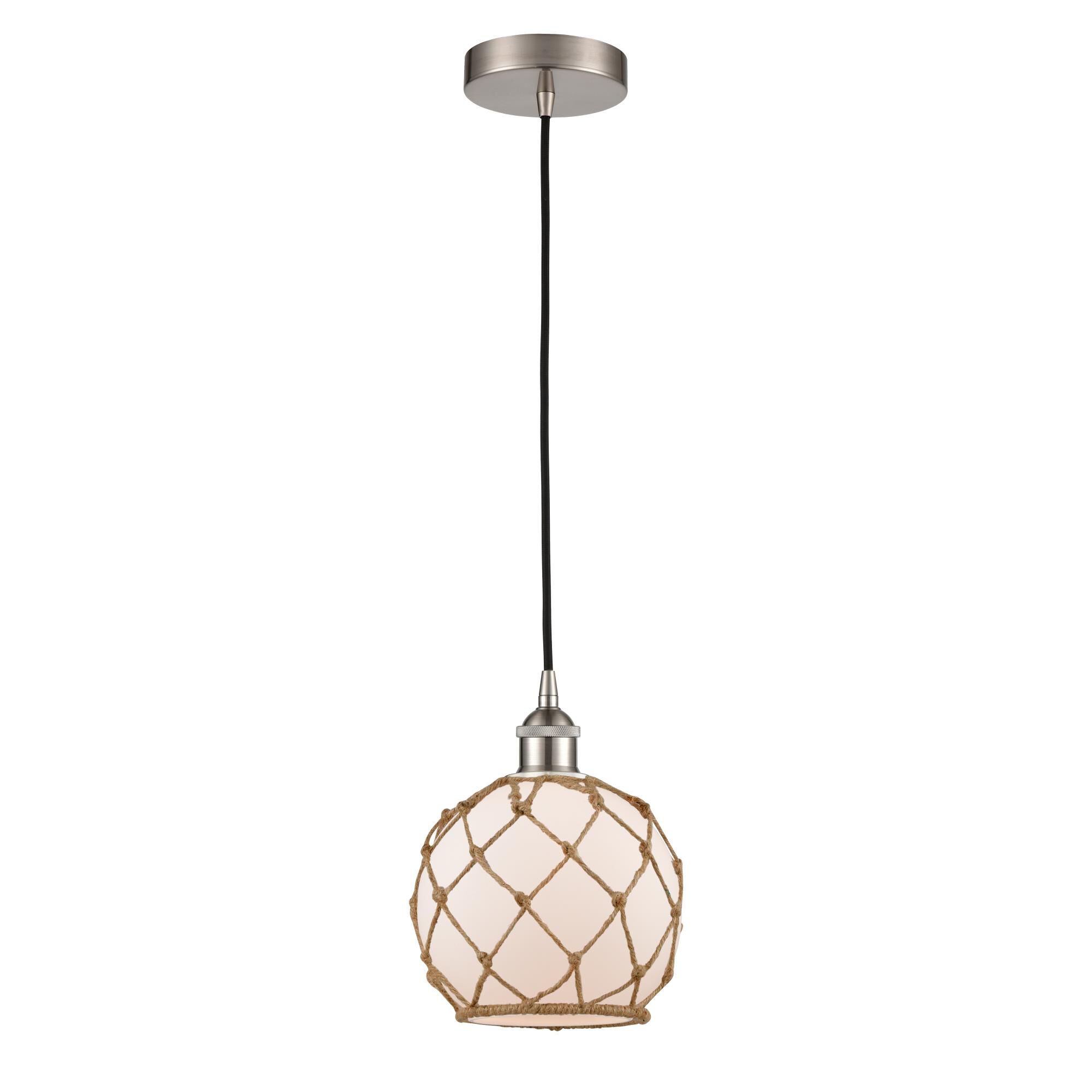 Shown in Brushed Satin Nickel finish and White Farmhouse With Brown Rope glass and No Shade shade