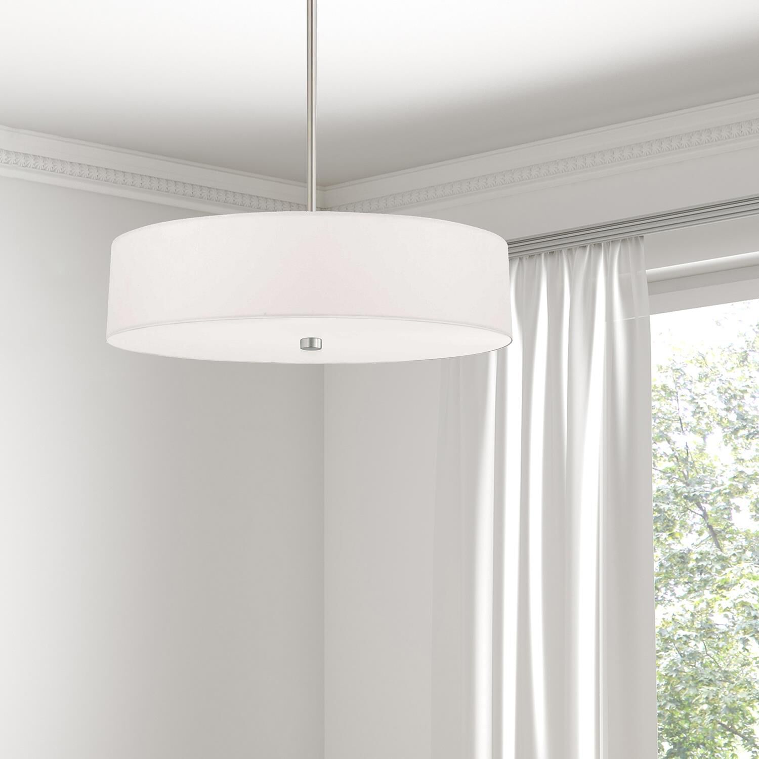 Shown in White and Satin Chrome finish and White Fabric Drum shade