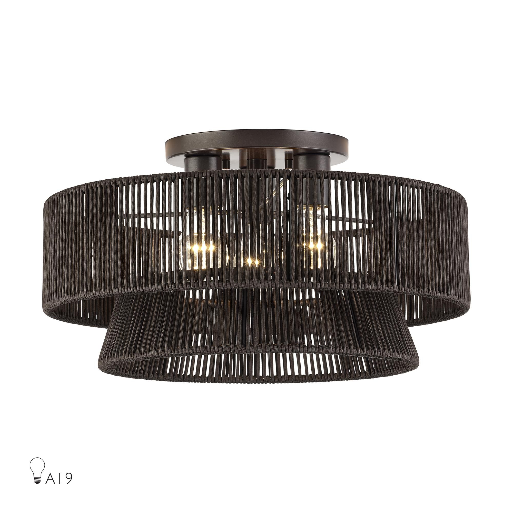 Shown in English Bronze finish and Hand-Woven Dark Chocolate Color Polyester Rope shade