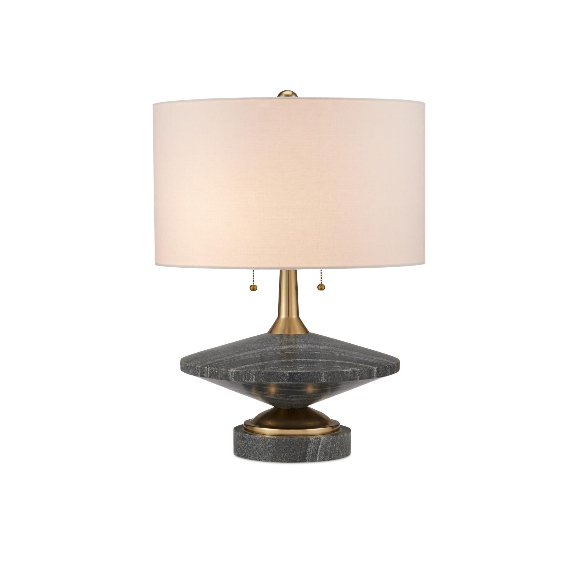 Shown in Natural and Brushed Brass finish and Beige Linen shade
