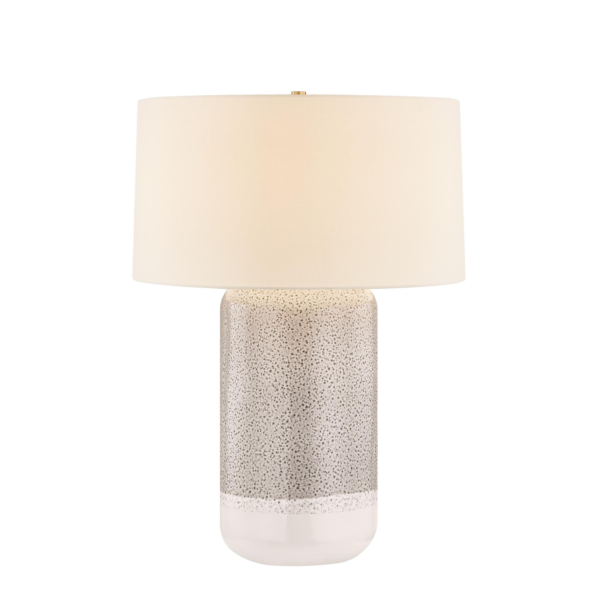 Shown in Aged Brass and Ceramic Blue Shore finish and White Linen shade