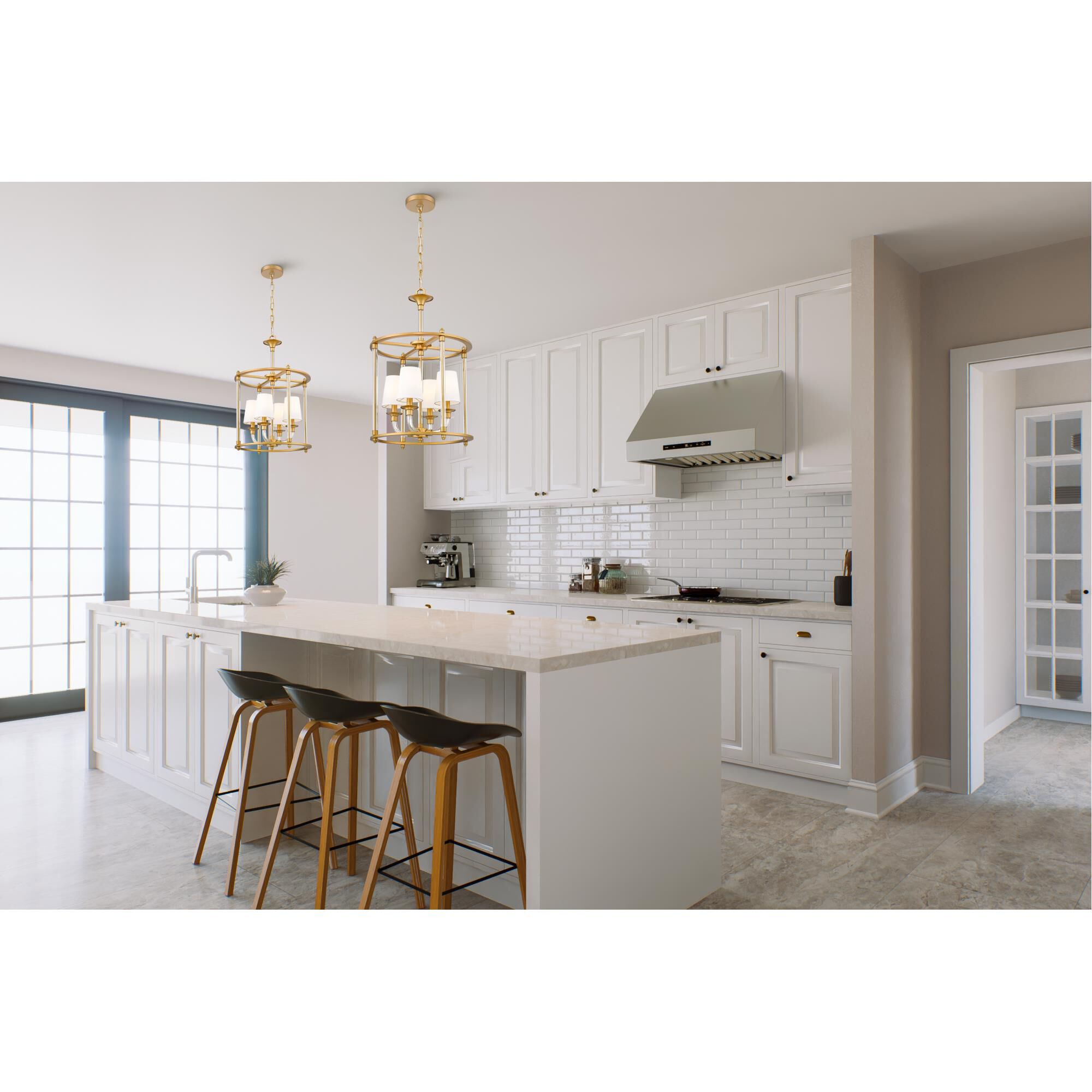 Shown in Rubbed Brass finish and White glass and White shade