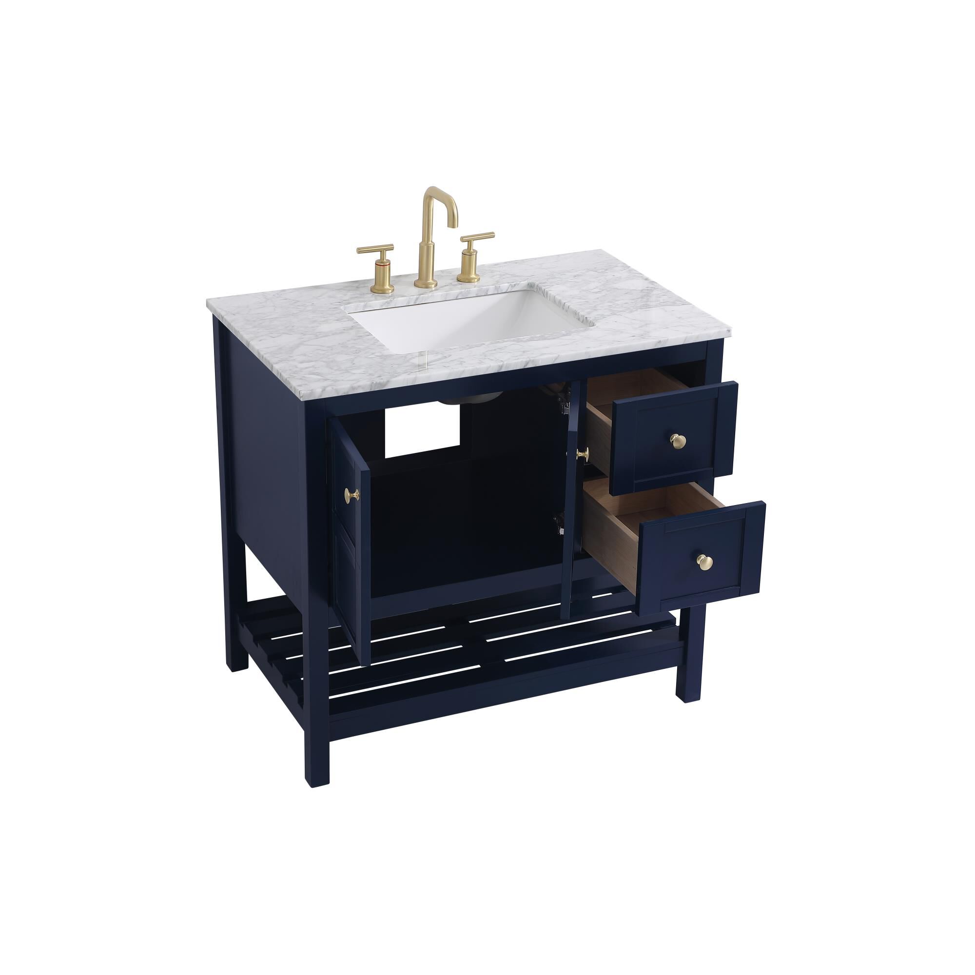 Shown in Blue And Gold With Carrara White Marble finish