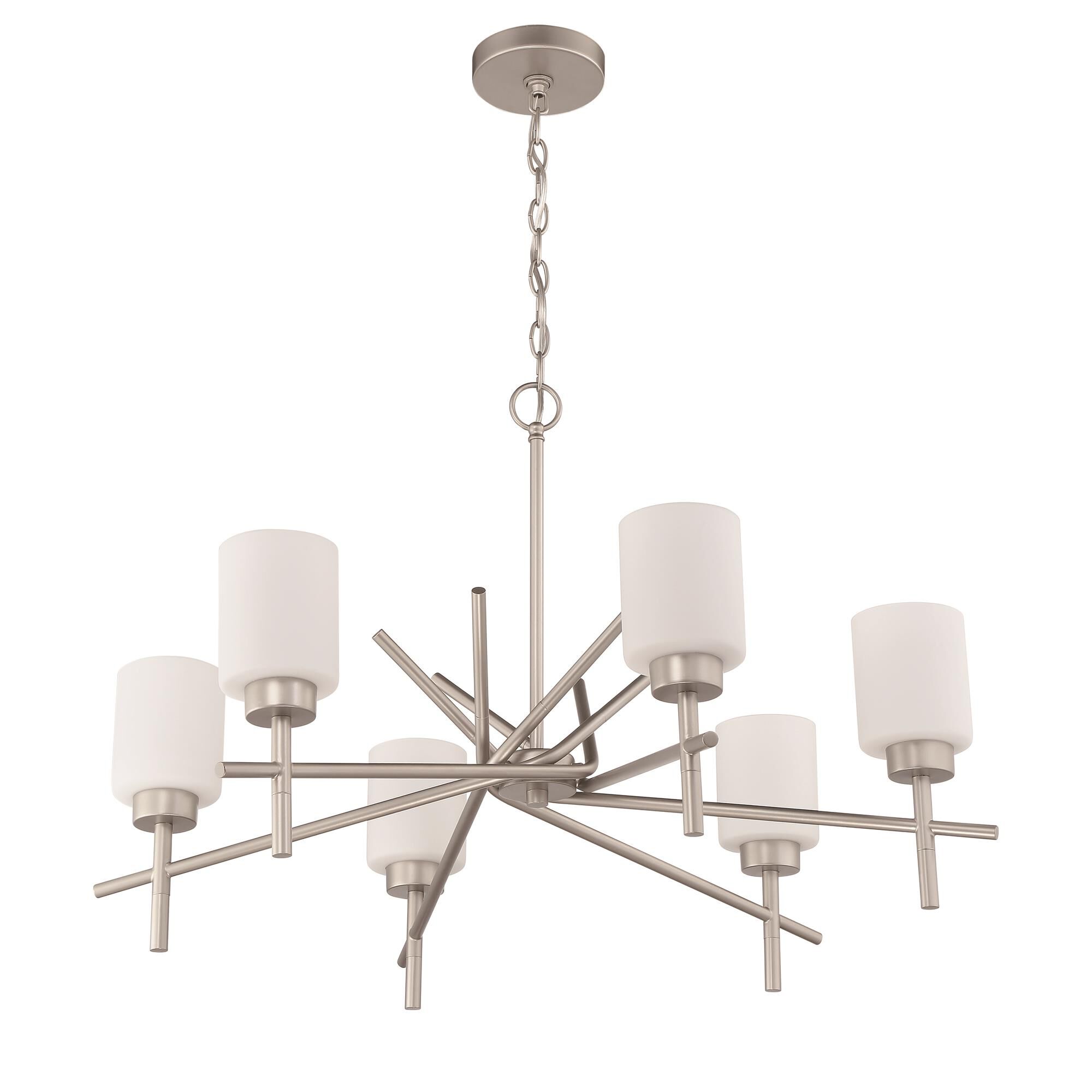 Shown in Satin Nickel finish and White Frosted glass and Glass shade
