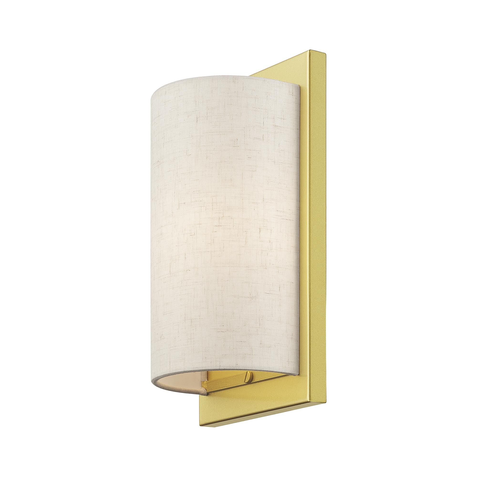 Shown in Soft Gold finish and Hand Crafted Oatmeal Color Hardback with White Fabric Inside shade