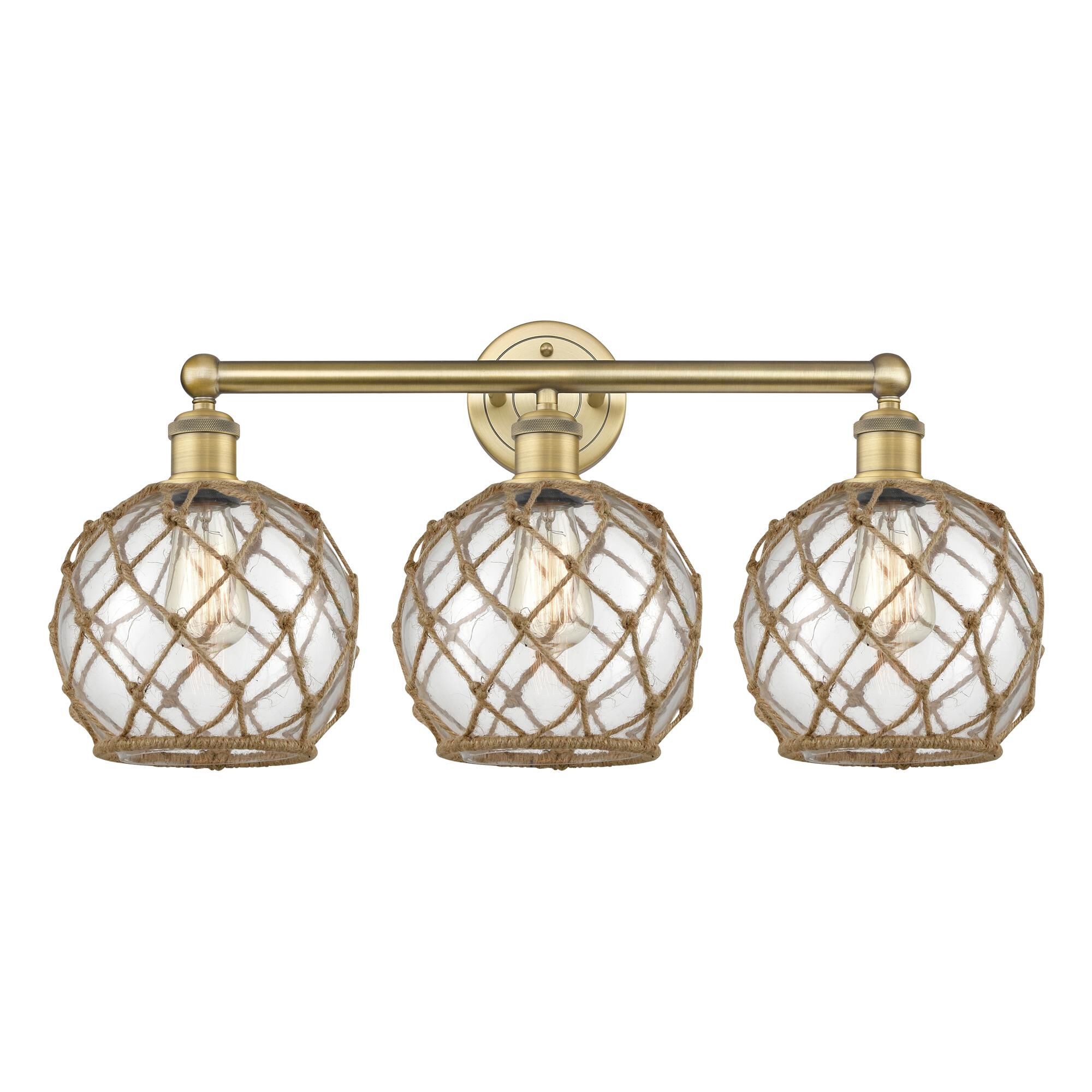 Shown in Brushed Brass finish and Clear with Brown Rope glass