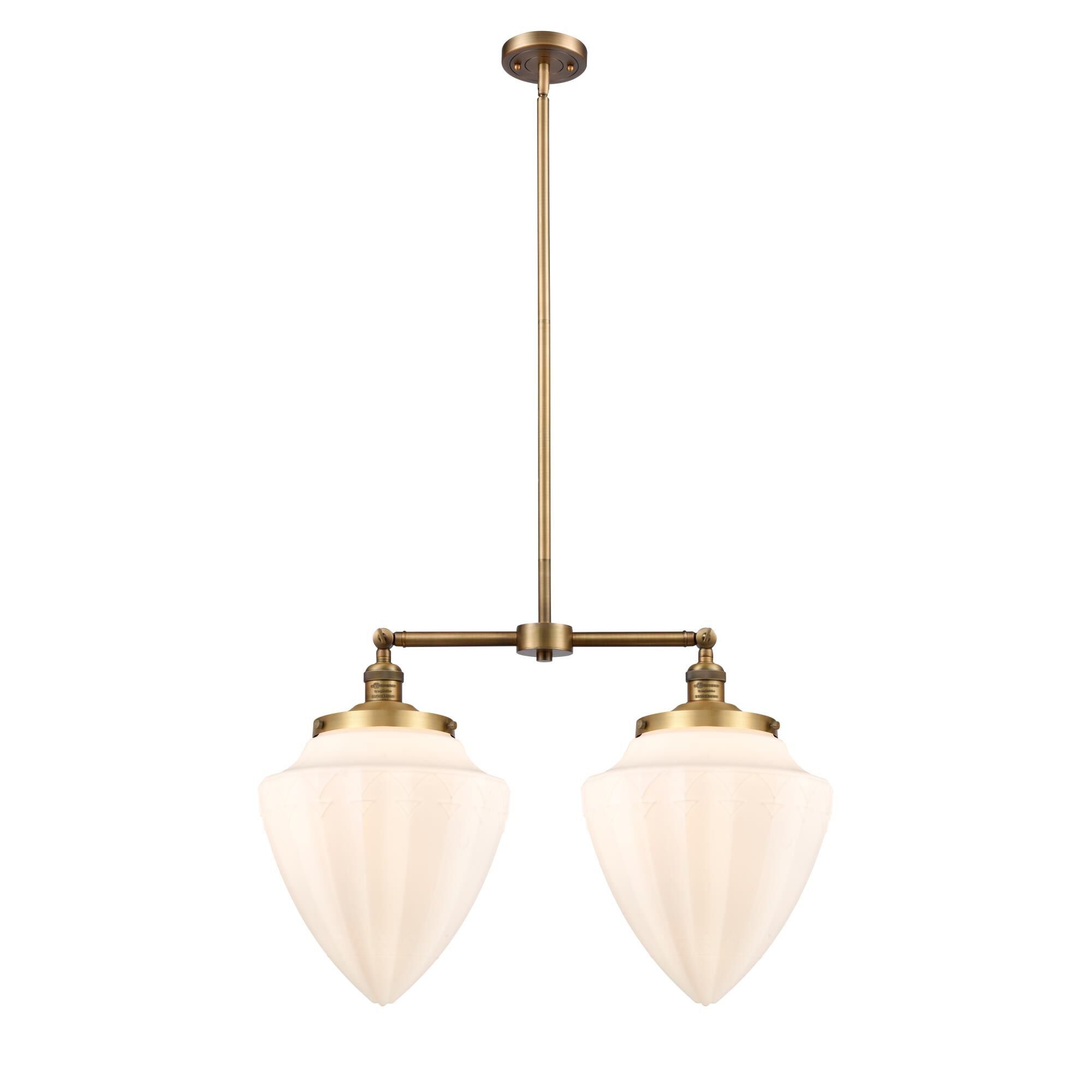 Shown in Brushed Brass finish and Matte White glass