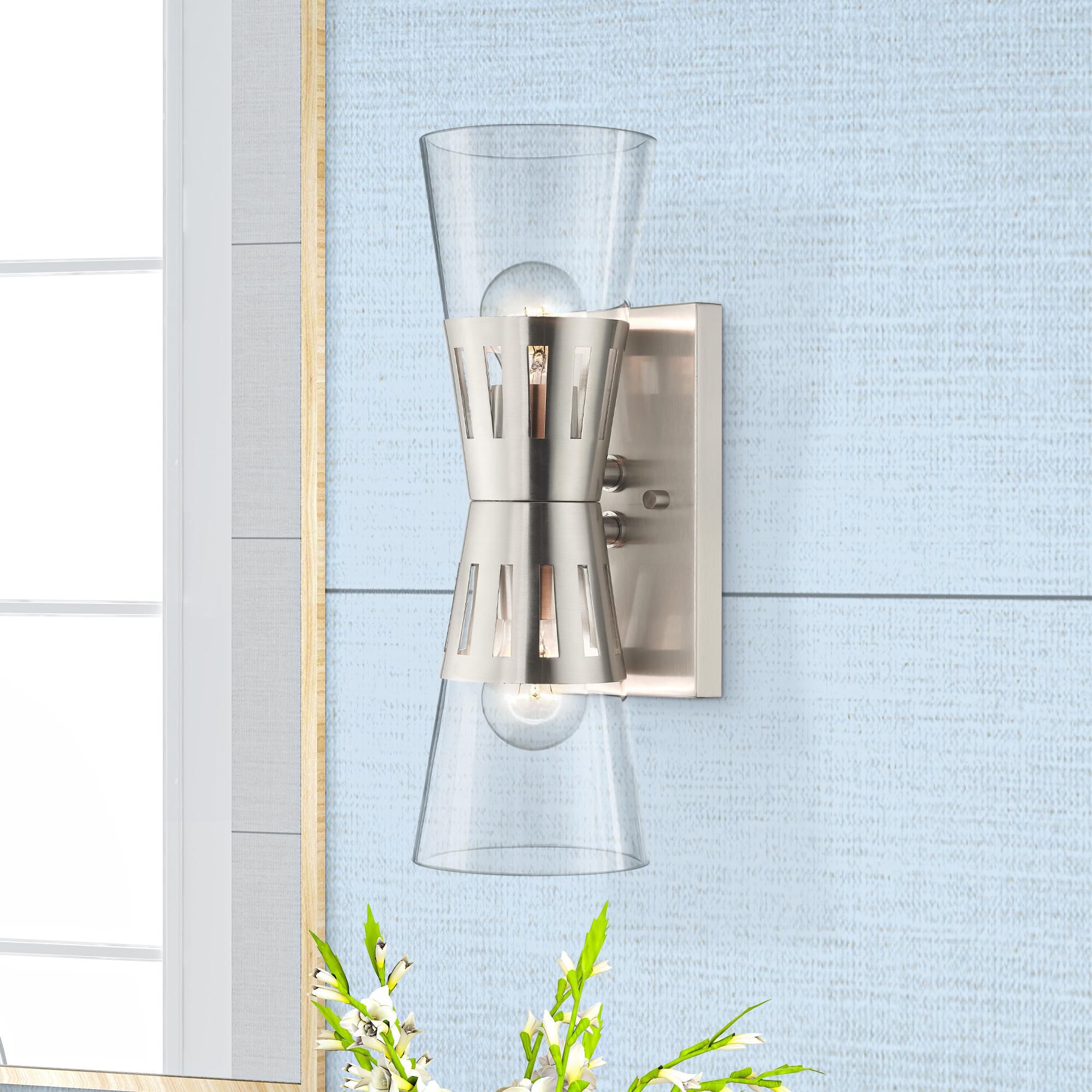 Shown in Brushed Nickel finish and Hand Blown Clear glass