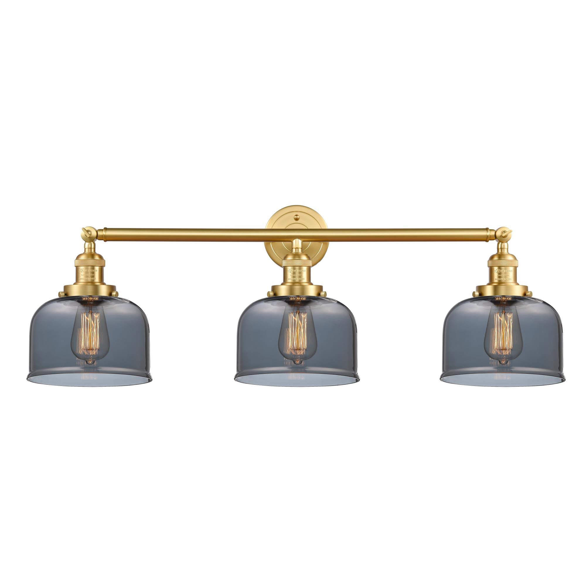 Shown in Satin Gold finish and Plated Smoke Large Bell glass