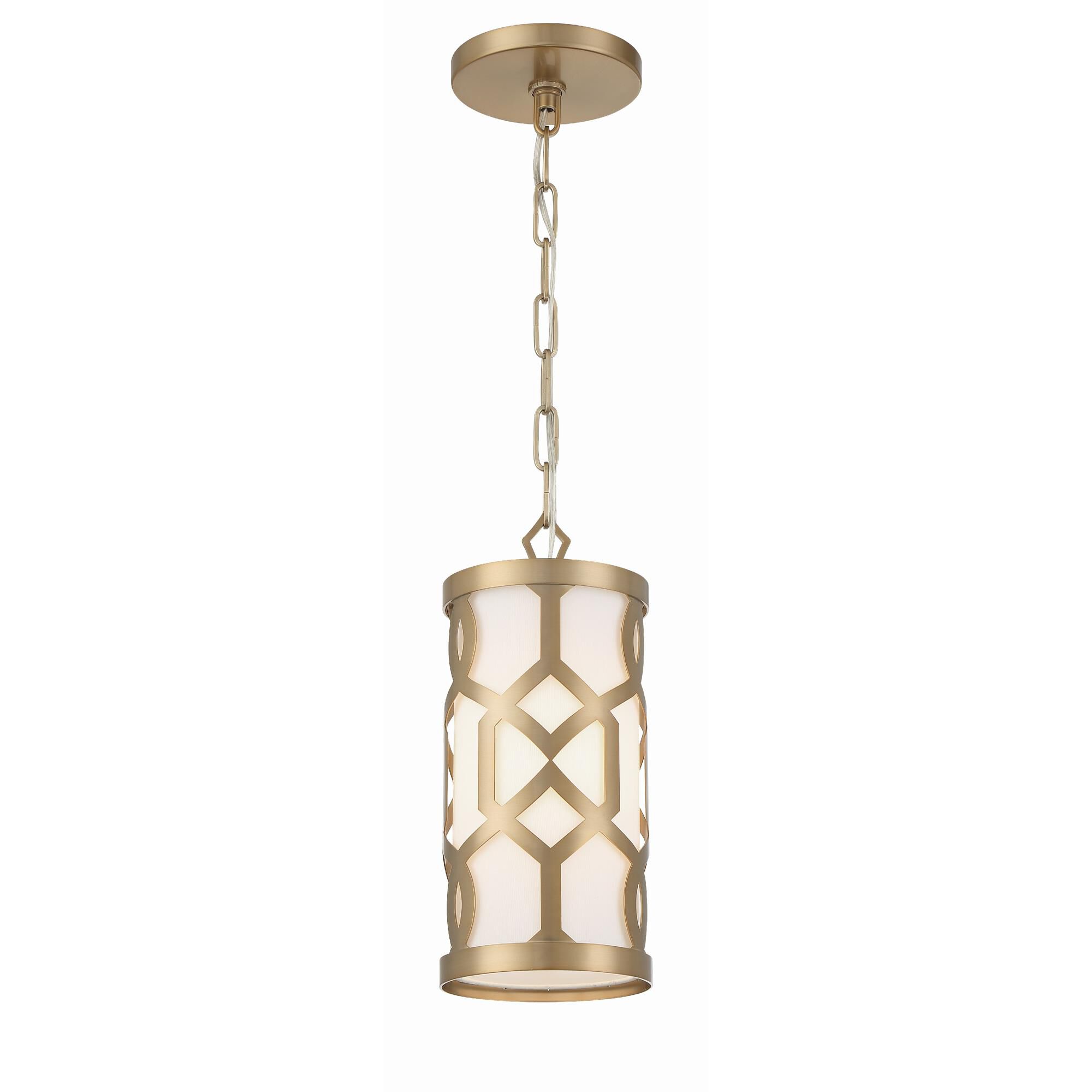 Shown in Aged Brass finish and White Linen glass and White Linen shade