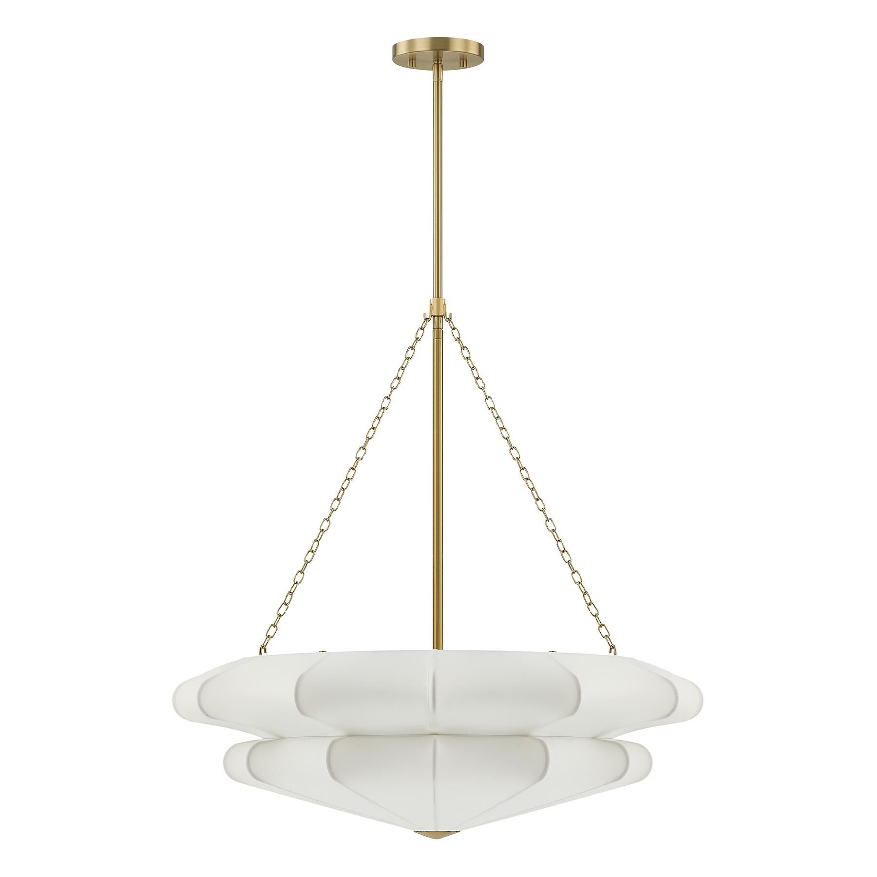 Shown in Warm Brass finish and Sheer White Fabric shade