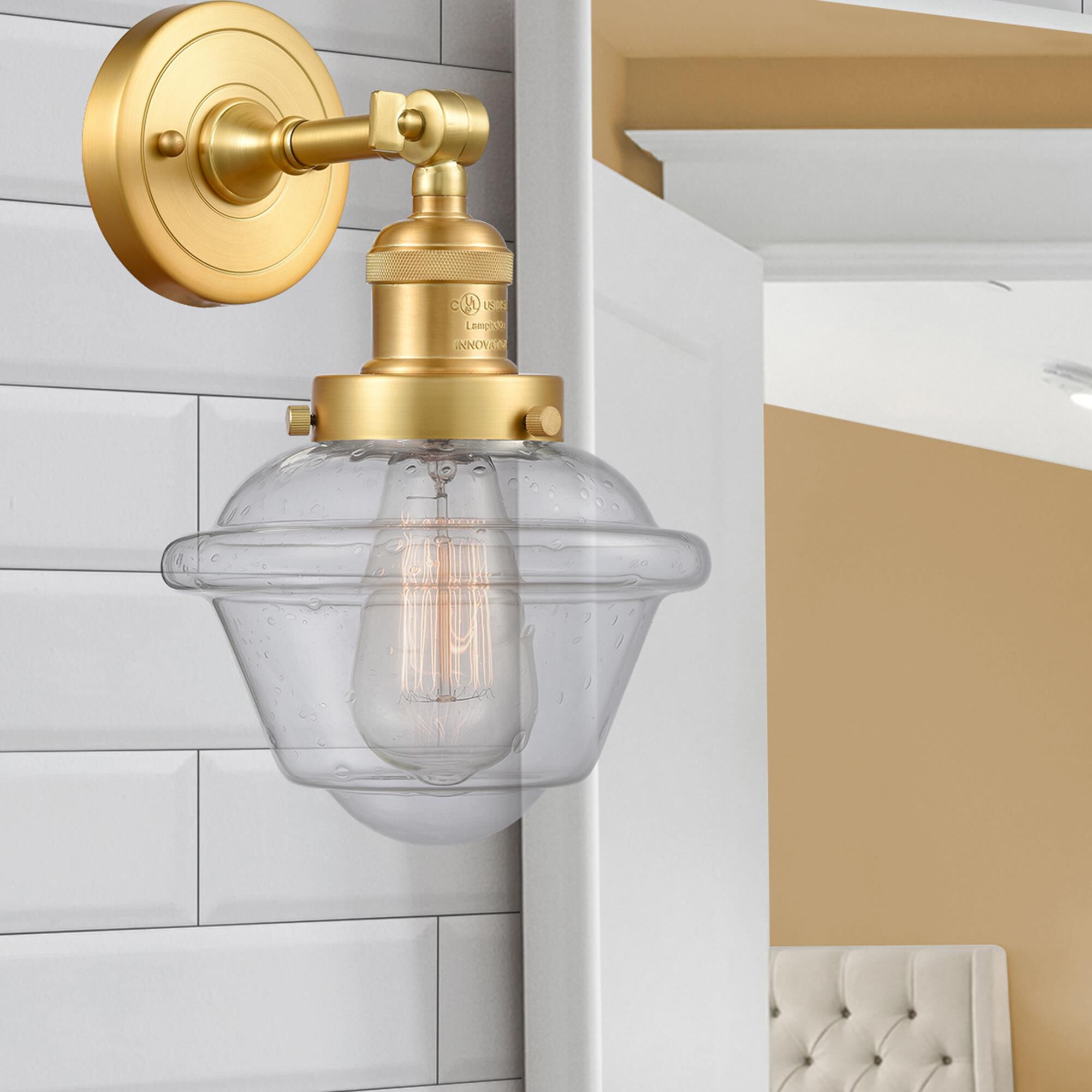 Shown in Satin Gold finish and Seedy Small Oxford glass