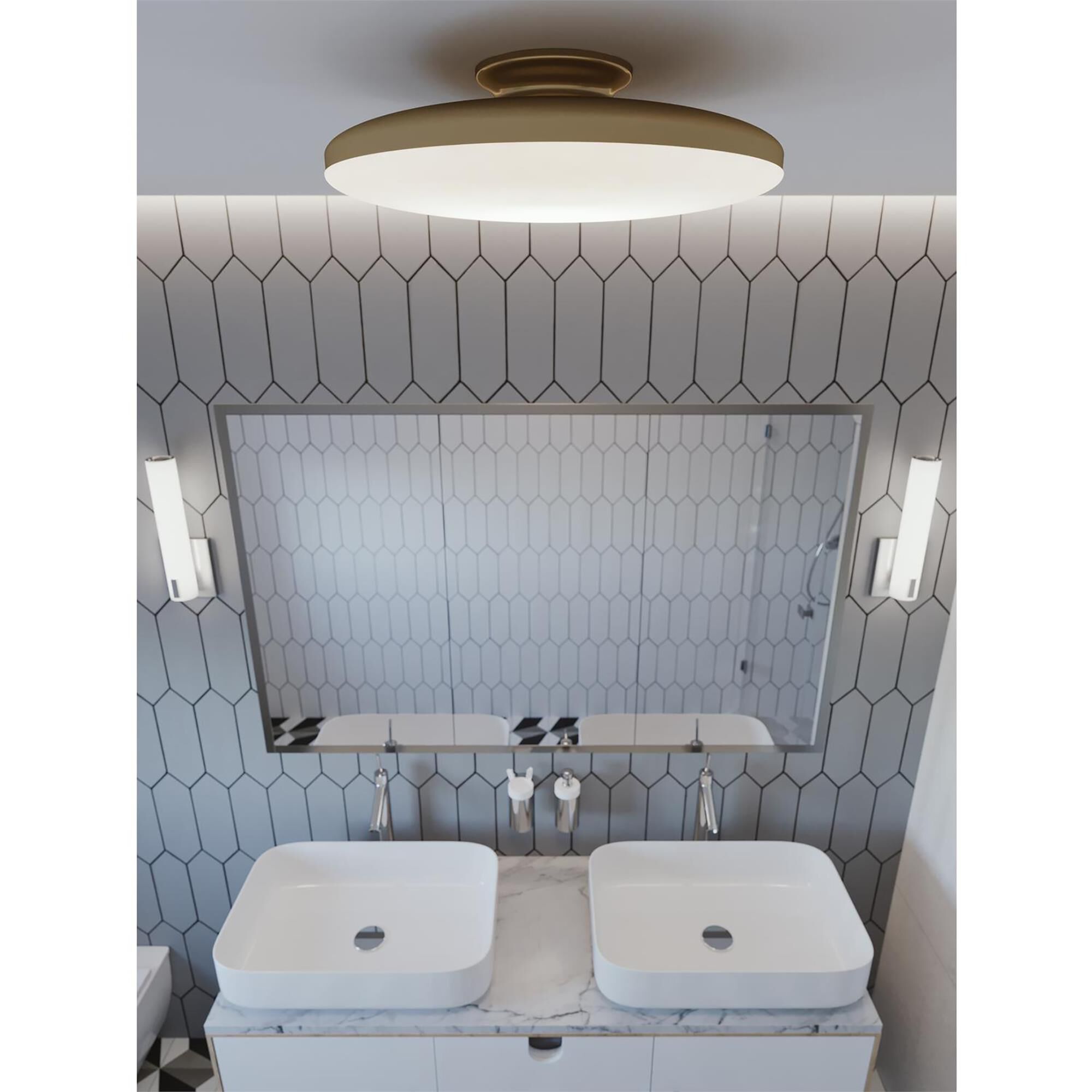 Shown in Satin Brass finish and White Acrylic shade
