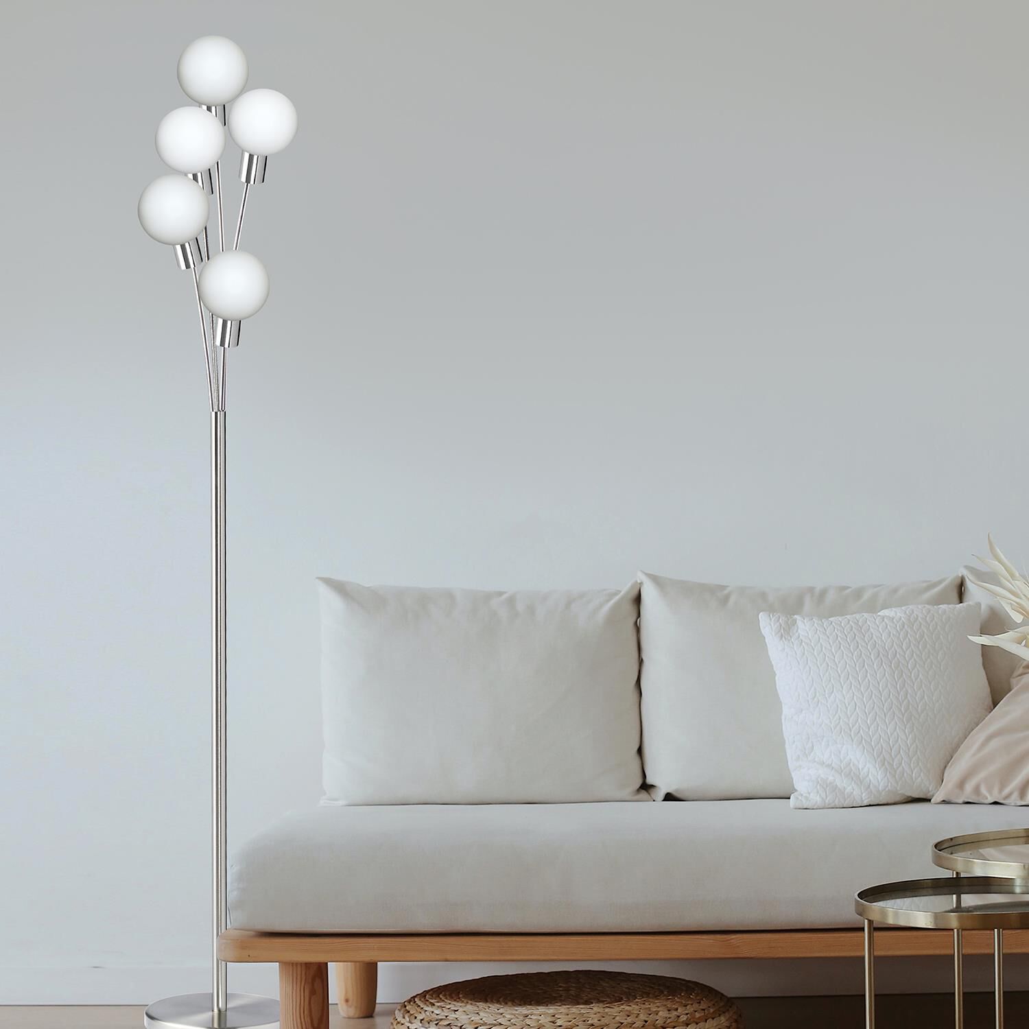 Shown in Satin Chrome and White finish and White Globe glass