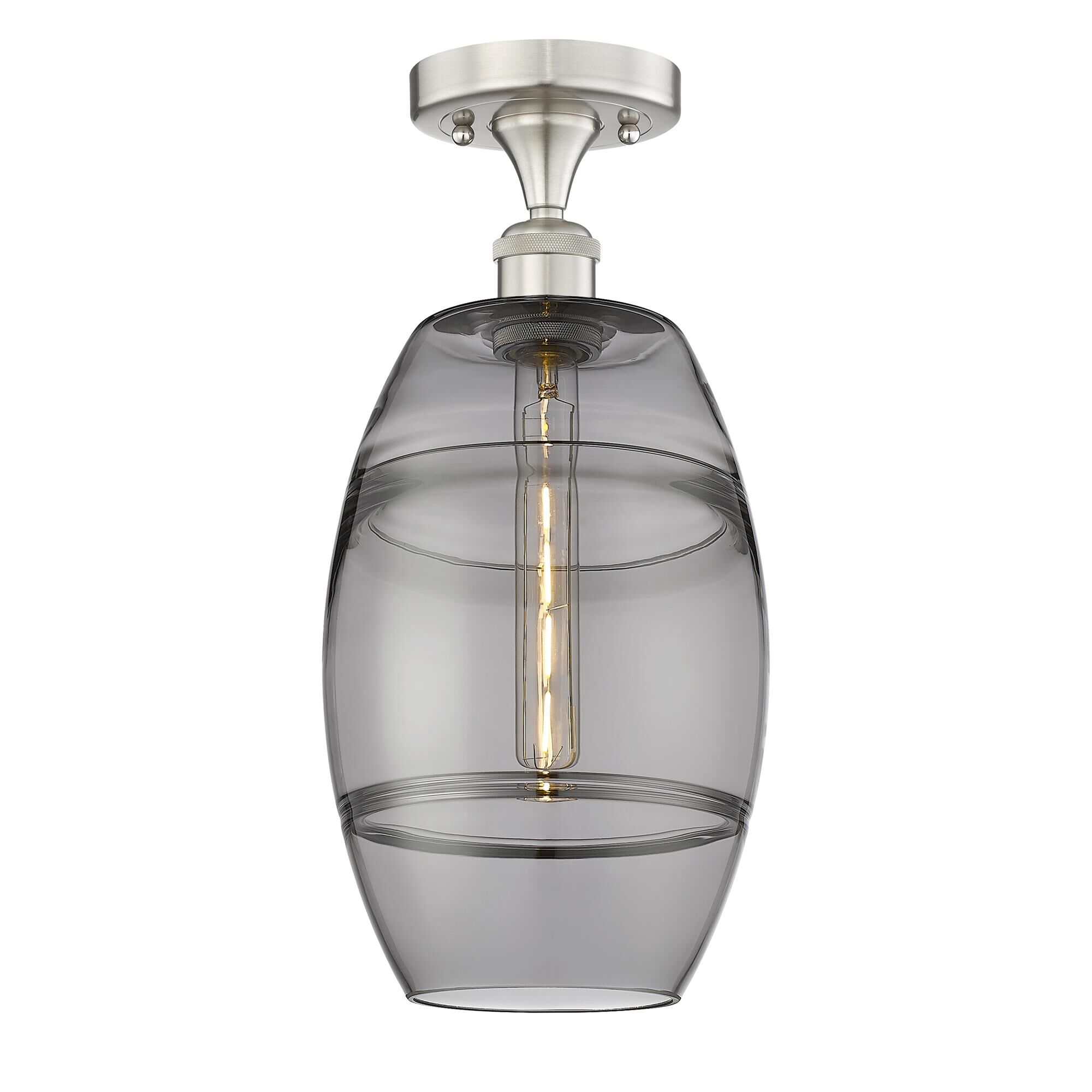 Shown in Brushed Satin Nickel finish and Light Smoke glass