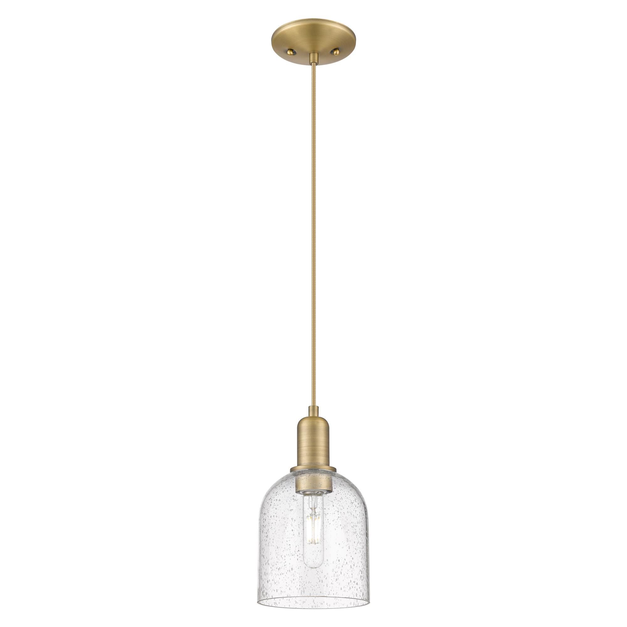 Shown in Brushed Brass finish and Seedy glass
