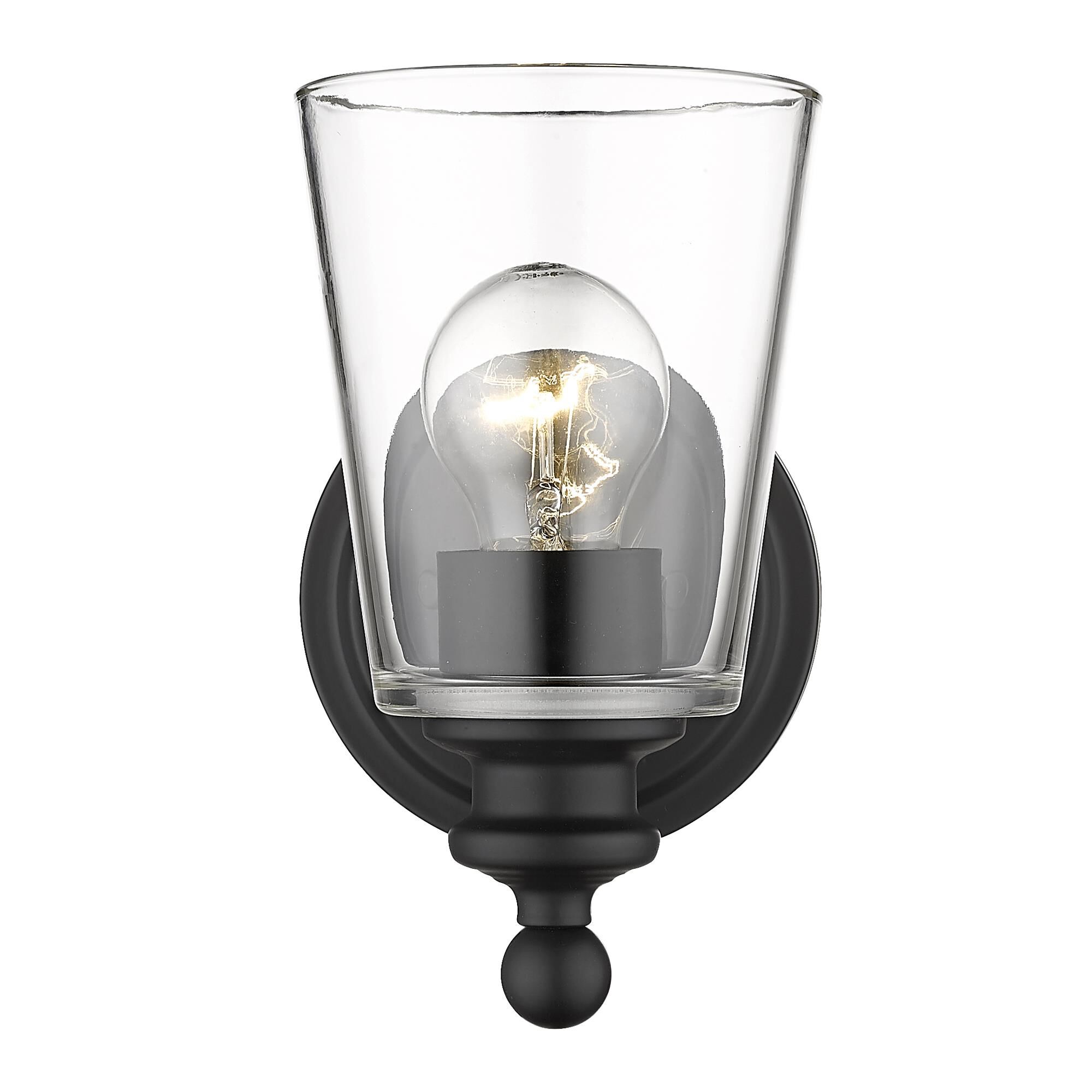 Shown in Matte Black finish and Clear glass and Clear, Cone Shaped Glass shade