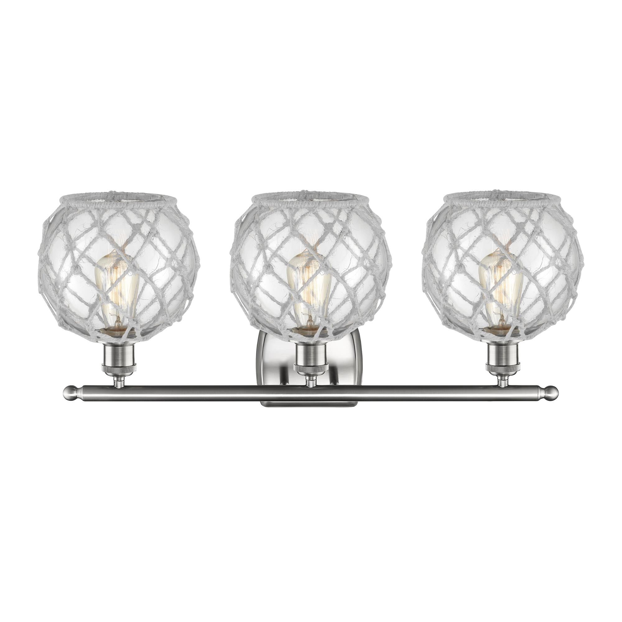 Shown in Brushed Satin Nickel finish and Clear With White Rope glass