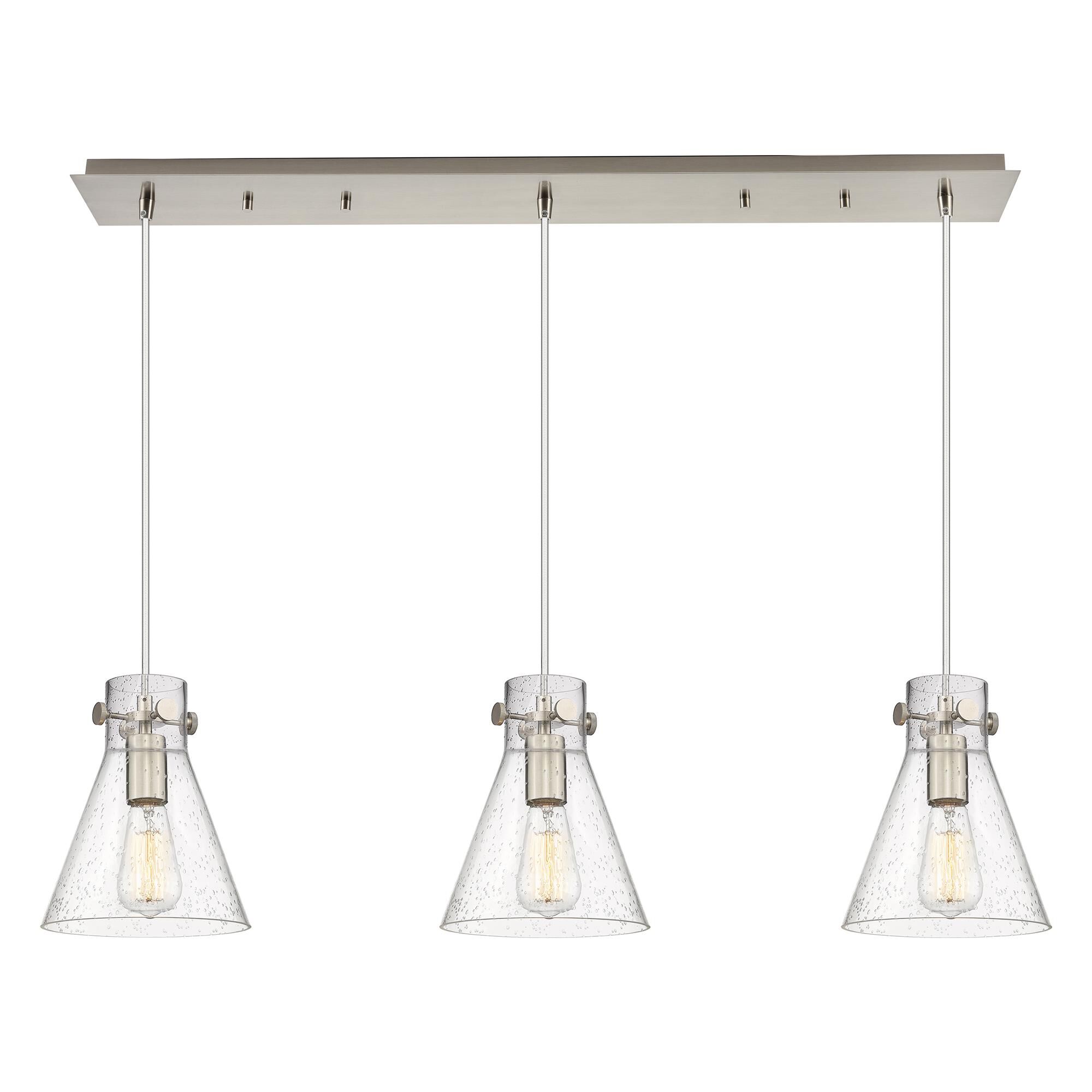 Shown in Brushed Satin Nickel finish and Seedy glass and Seedy Glass shade
