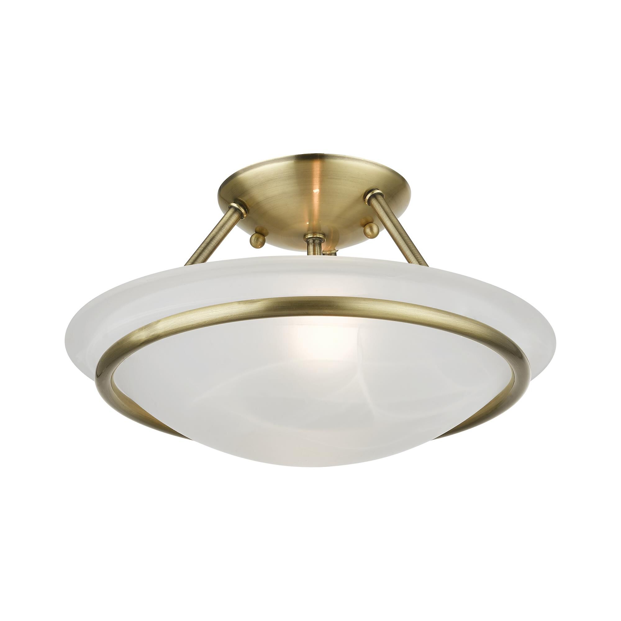 Shown in Antique Brass finish and White Alabaster glass and White Alabaster Glass shade