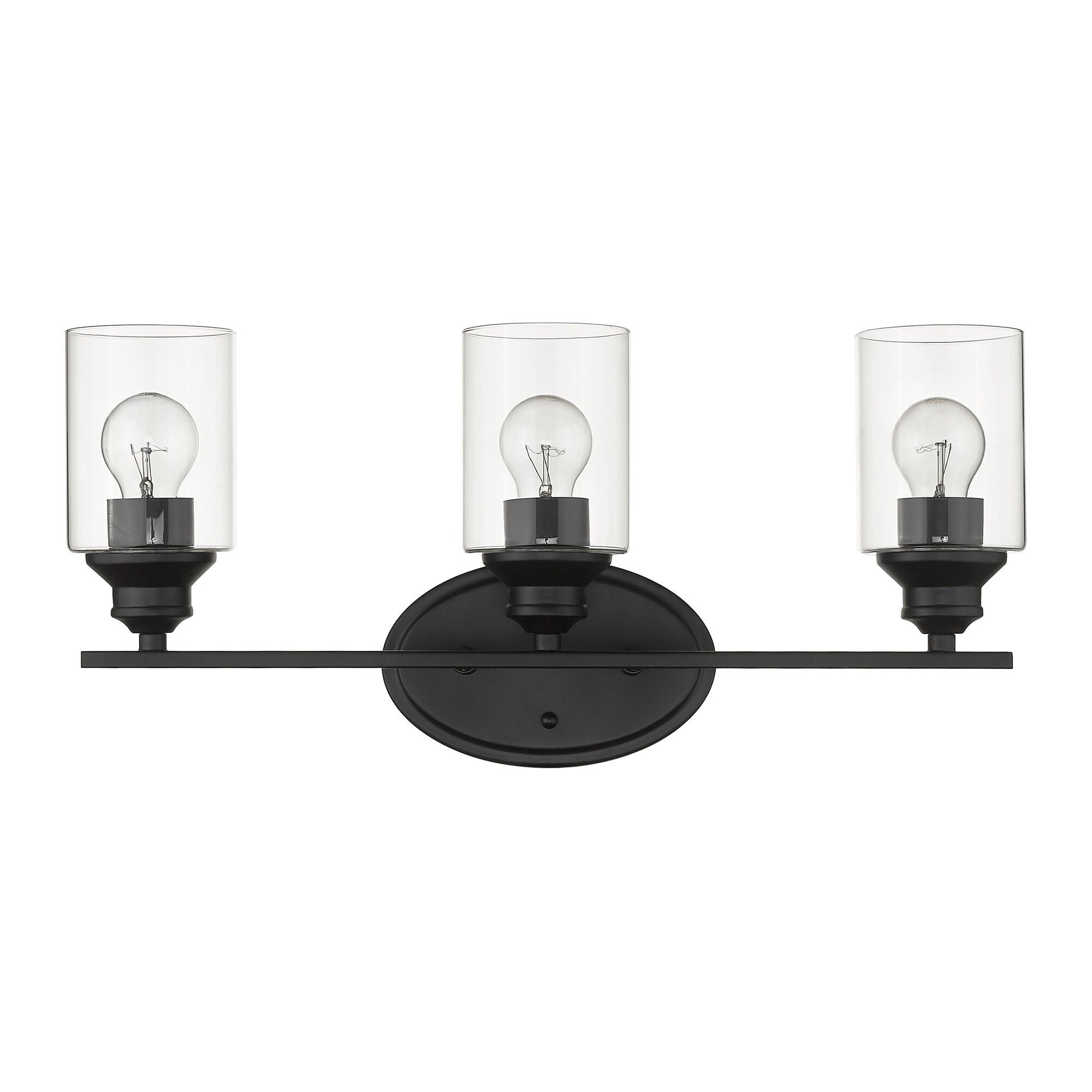 Shown in Matte Black finish and Clear glass and Clear, Cylindrical Glass s shade