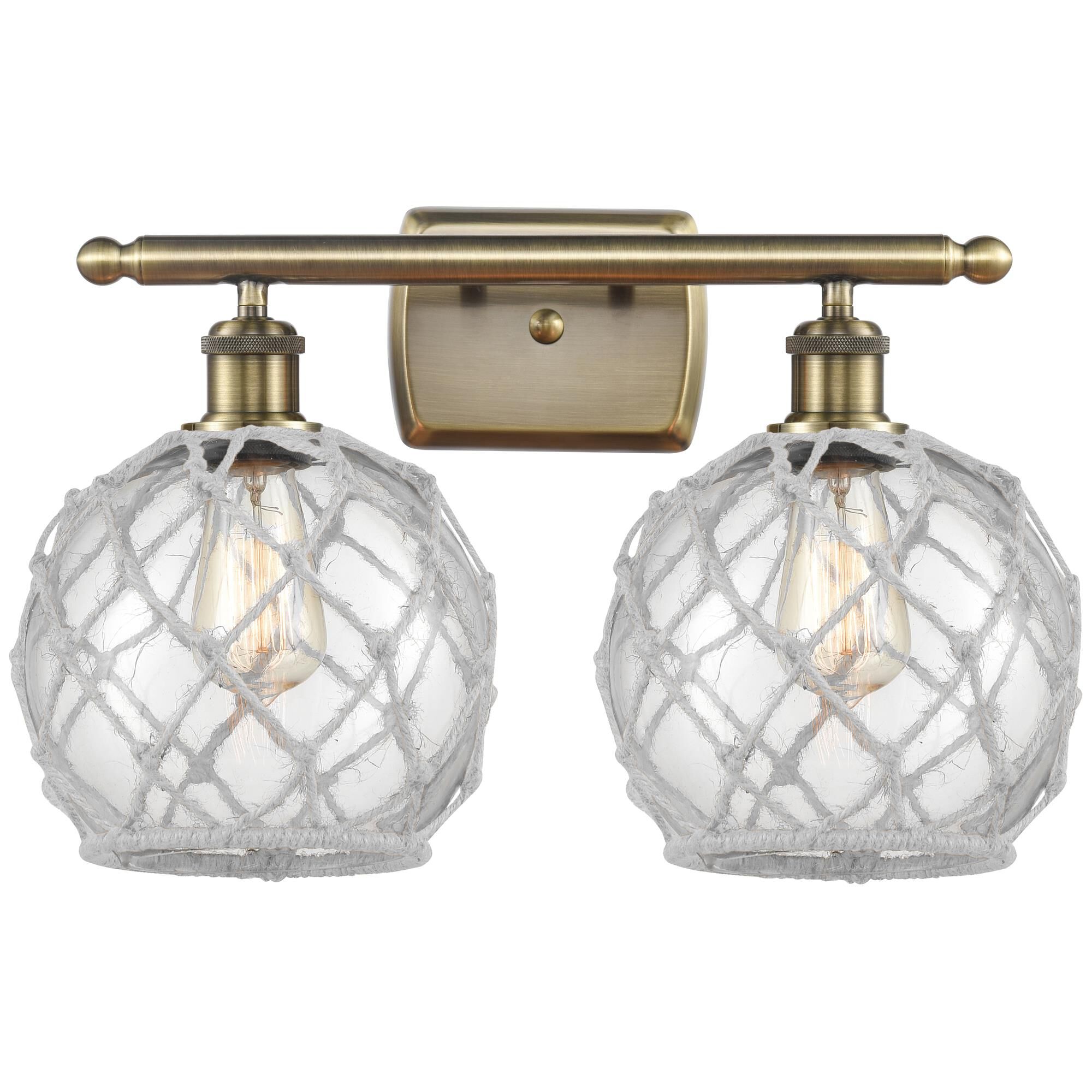 Shown in Antique Brass finish and Clear with White Rope glass