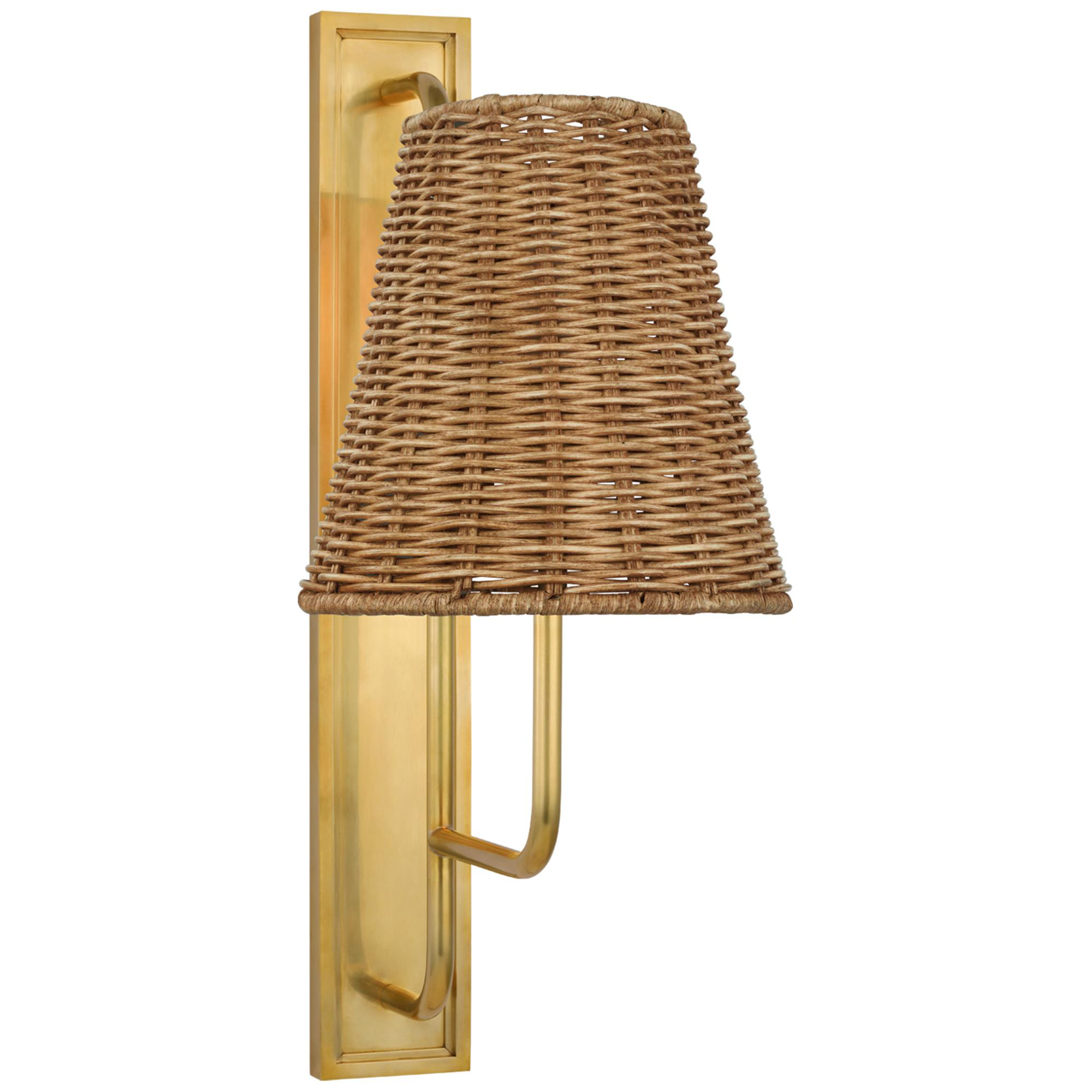 Shown in Hand-Rubbed Antique Brass finish and Natural Wicker shade